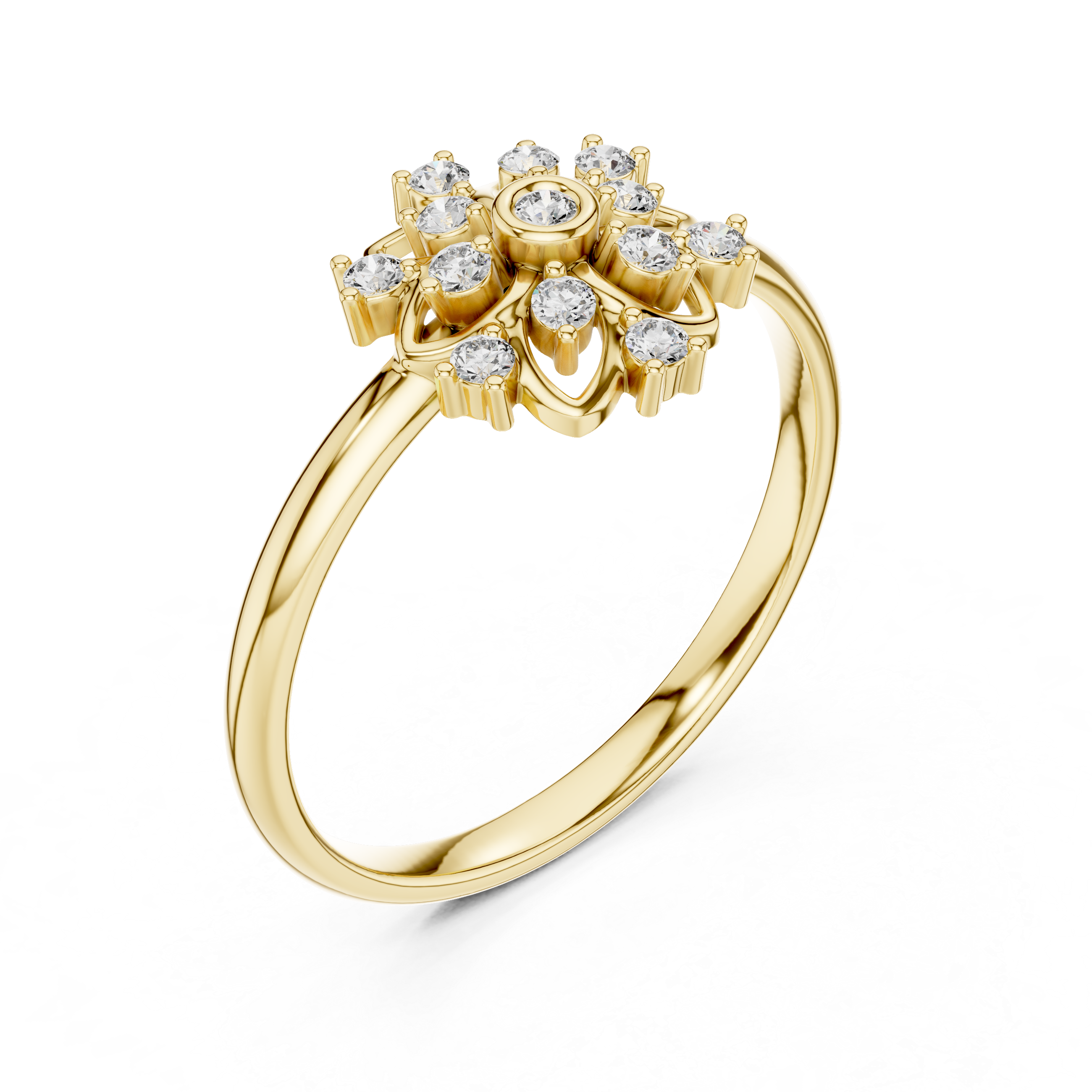 Floral Halo Diamond Cluster Ring with Open Petal Design