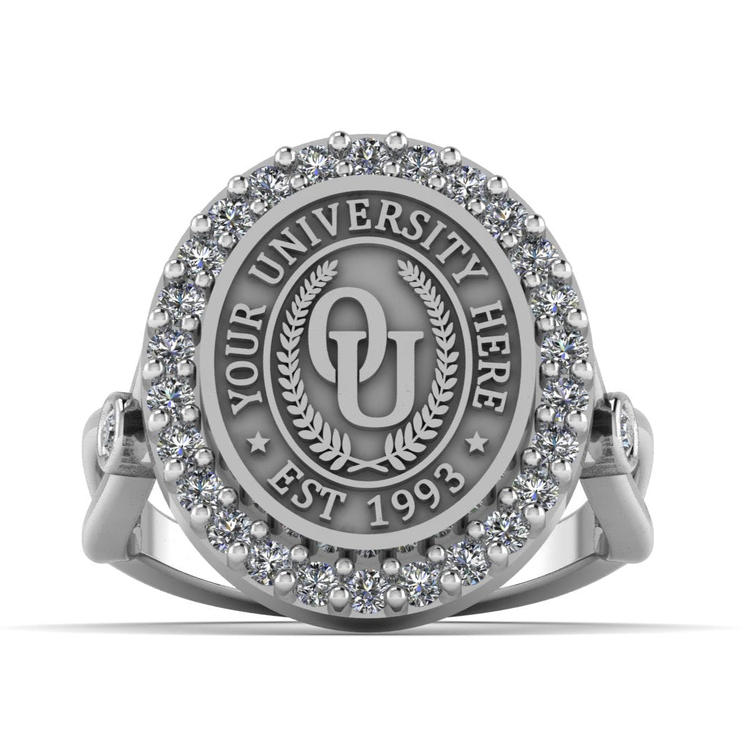 Silver ring with engraved text on a white background