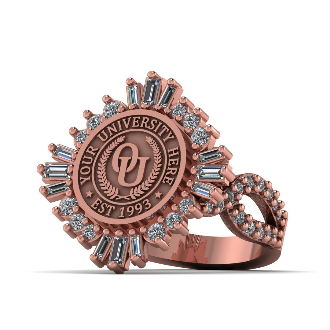 Rose gold ring with gemstones and a circular design on a white background