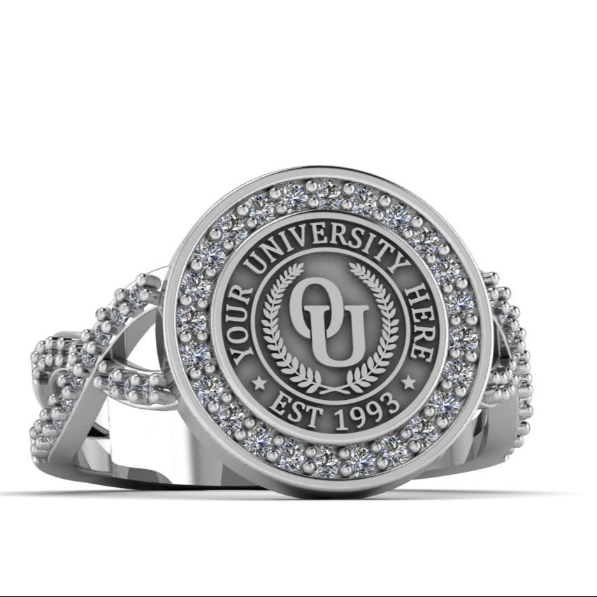 Silver ring with customizable university emblem and text on a white background