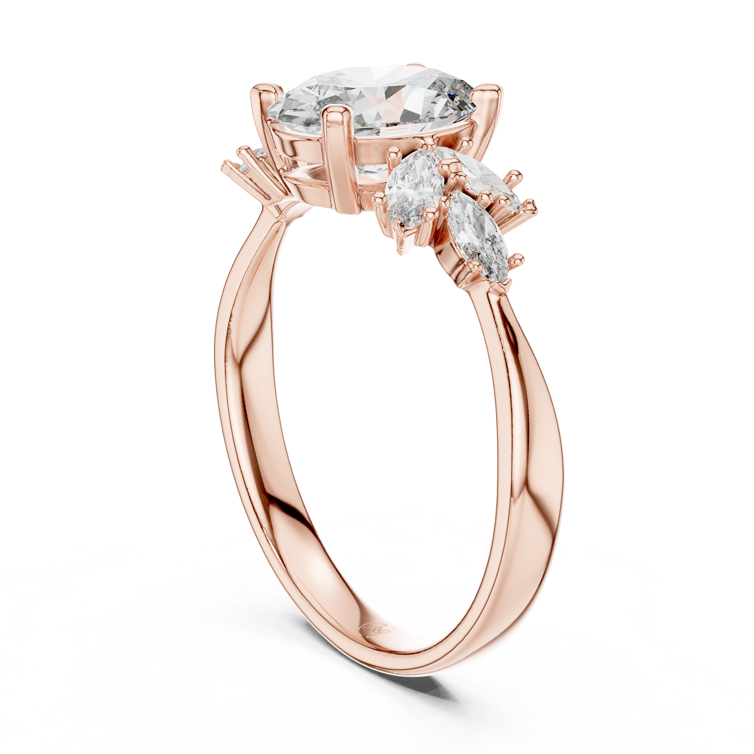 Oval Diamond Engagement Ring with Marquise Side Stones and Floral Cluster Design