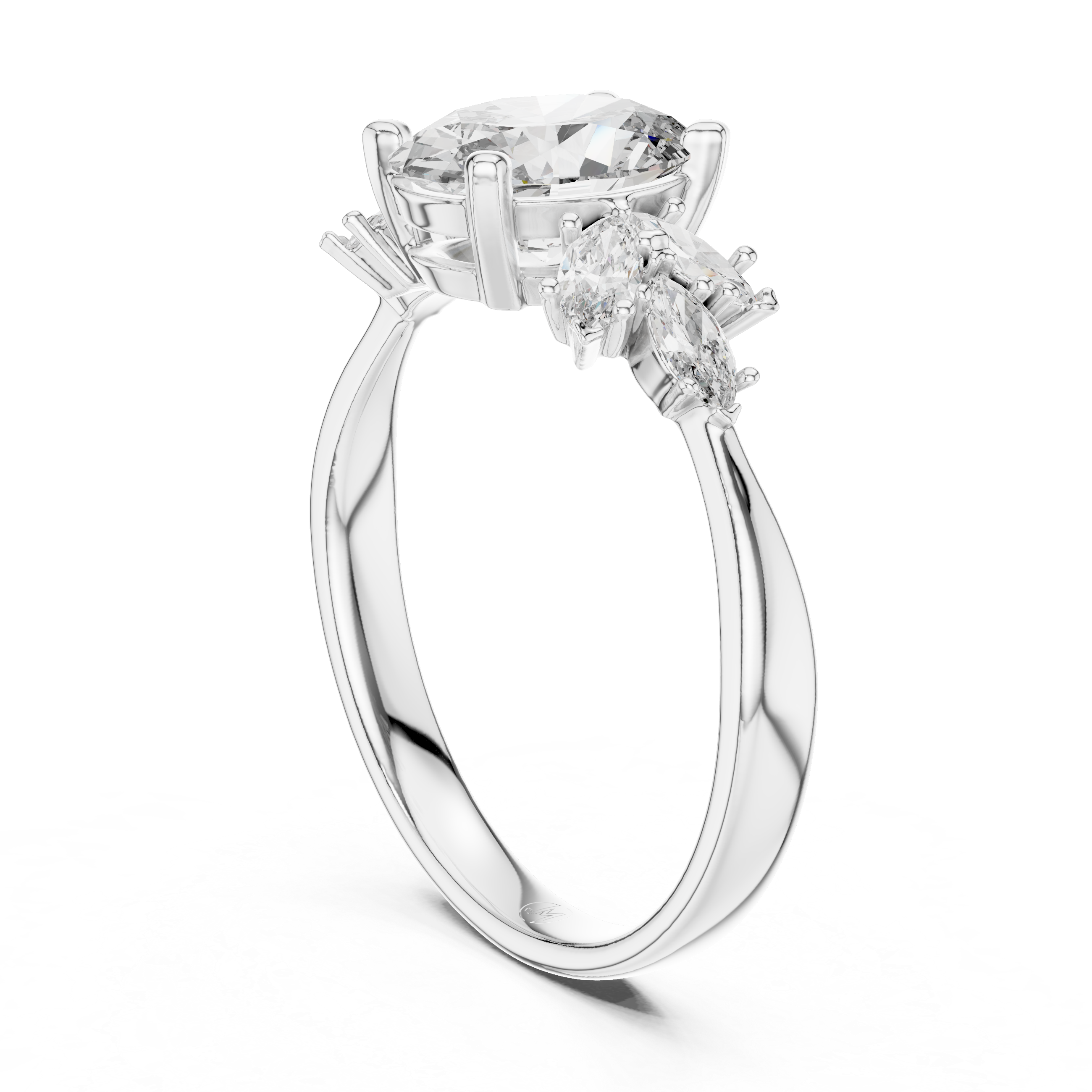 Oval Diamond Engagement Ring with Marquise Side Stones and Floral Cluster Design