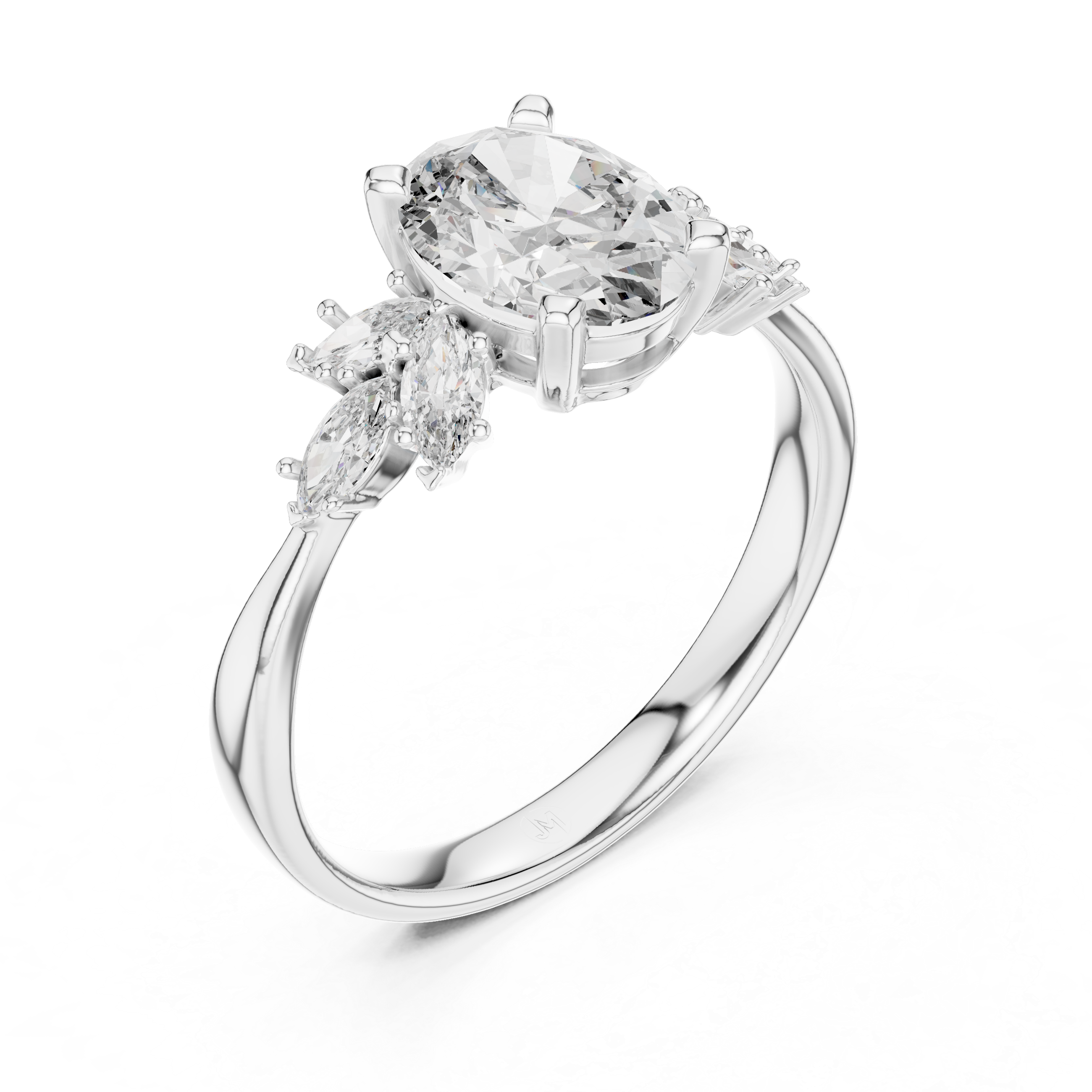 Oval Diamond Engagement Ring with Marquise Side Stones and Floral Cluster Design