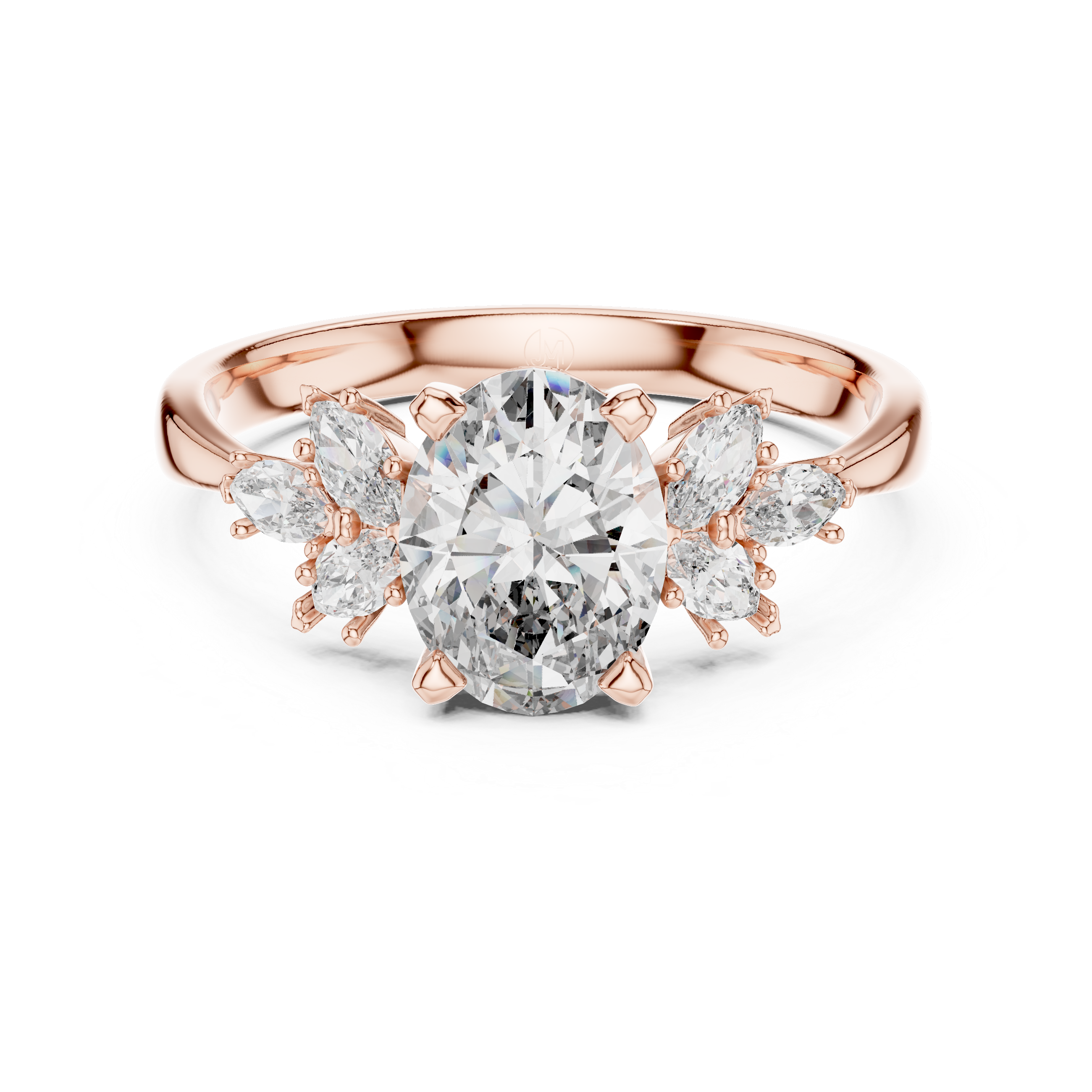 Oval Diamond Engagement Ring with Marquise Side Stones and Floral Cluster Design