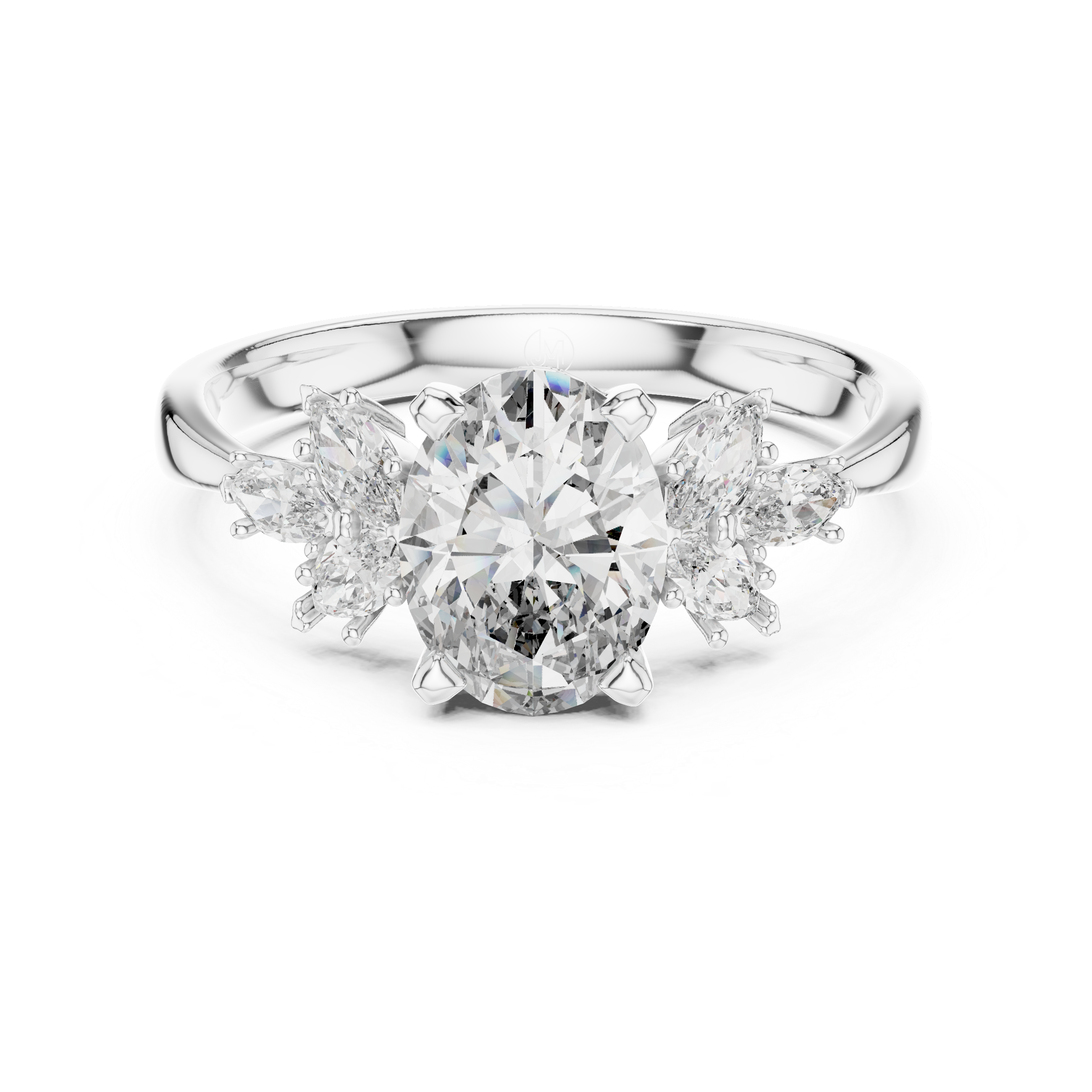 Oval Diamond Engagement Ring with Marquise Side Stones and Floral Cluster Design