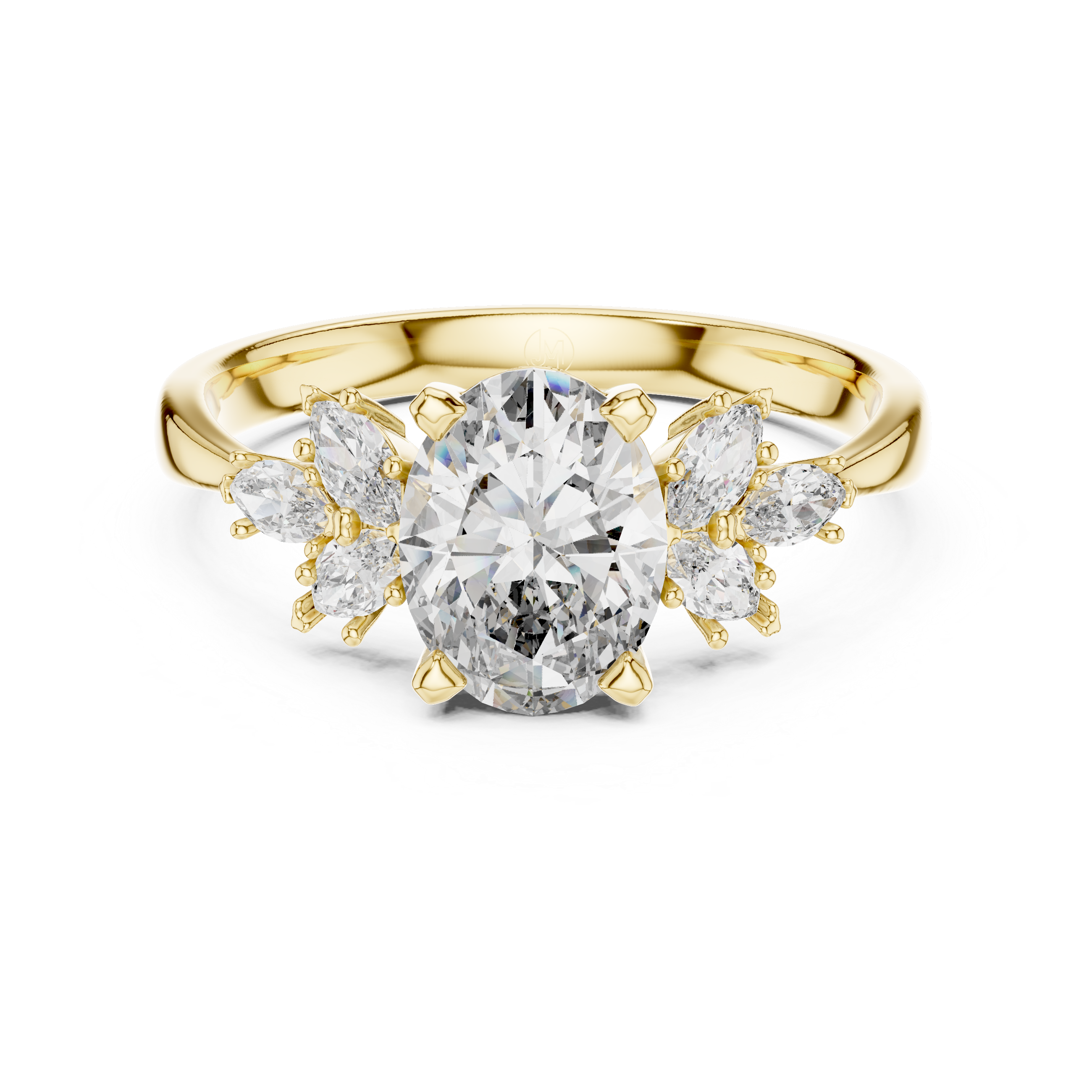 Oval Diamond Engagement Ring with Marquise Side Stones and Floral Cluster Design