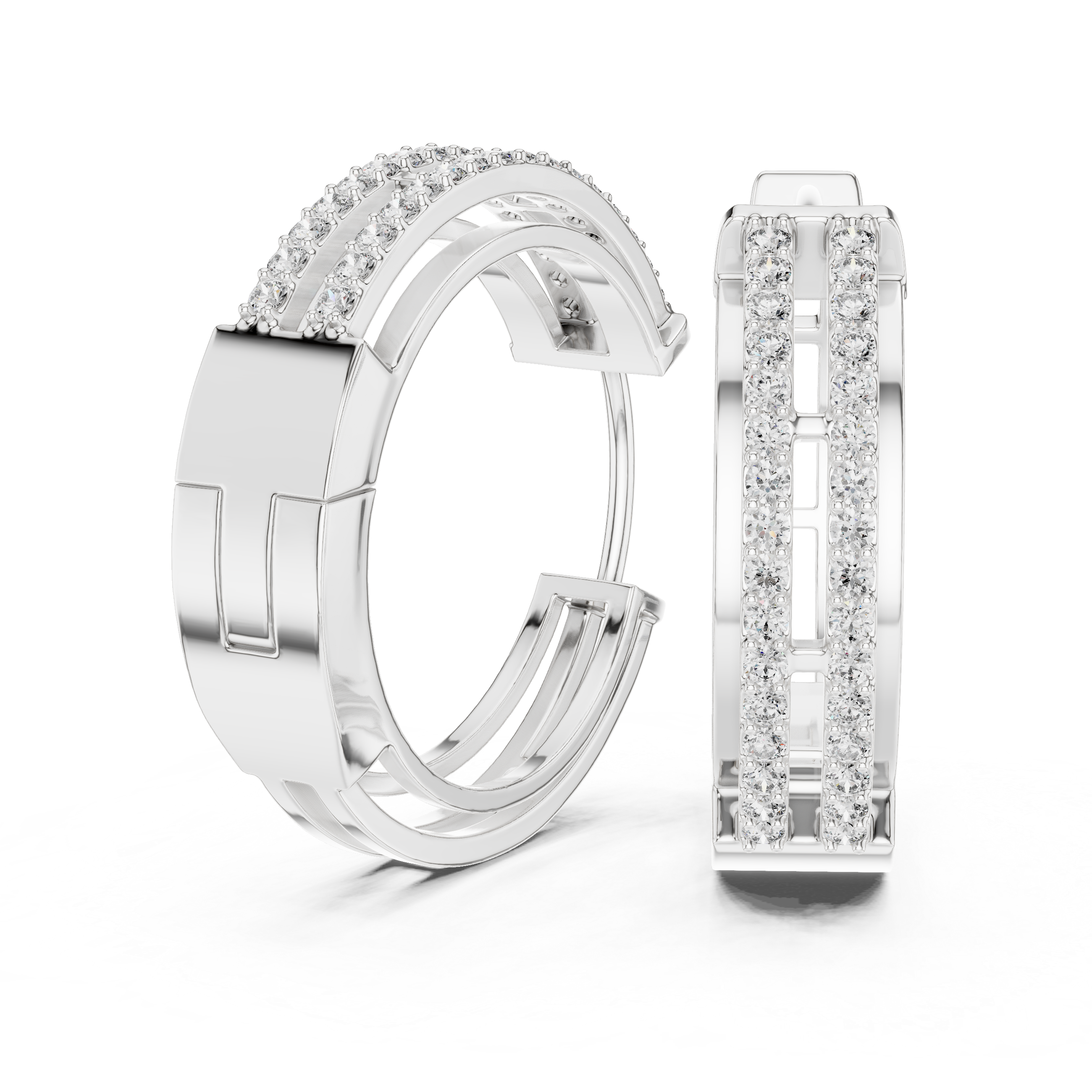 Double Row Diamond Huggie Hoop Earrings