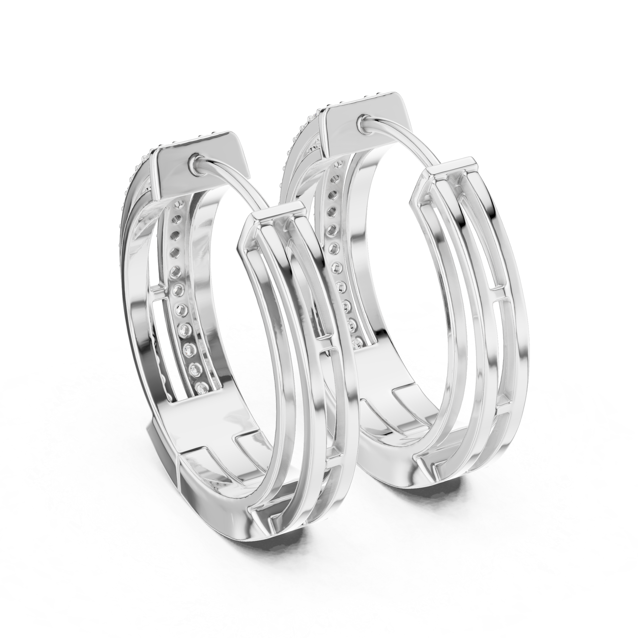 Double Row Diamond Huggie Hoop Earrings