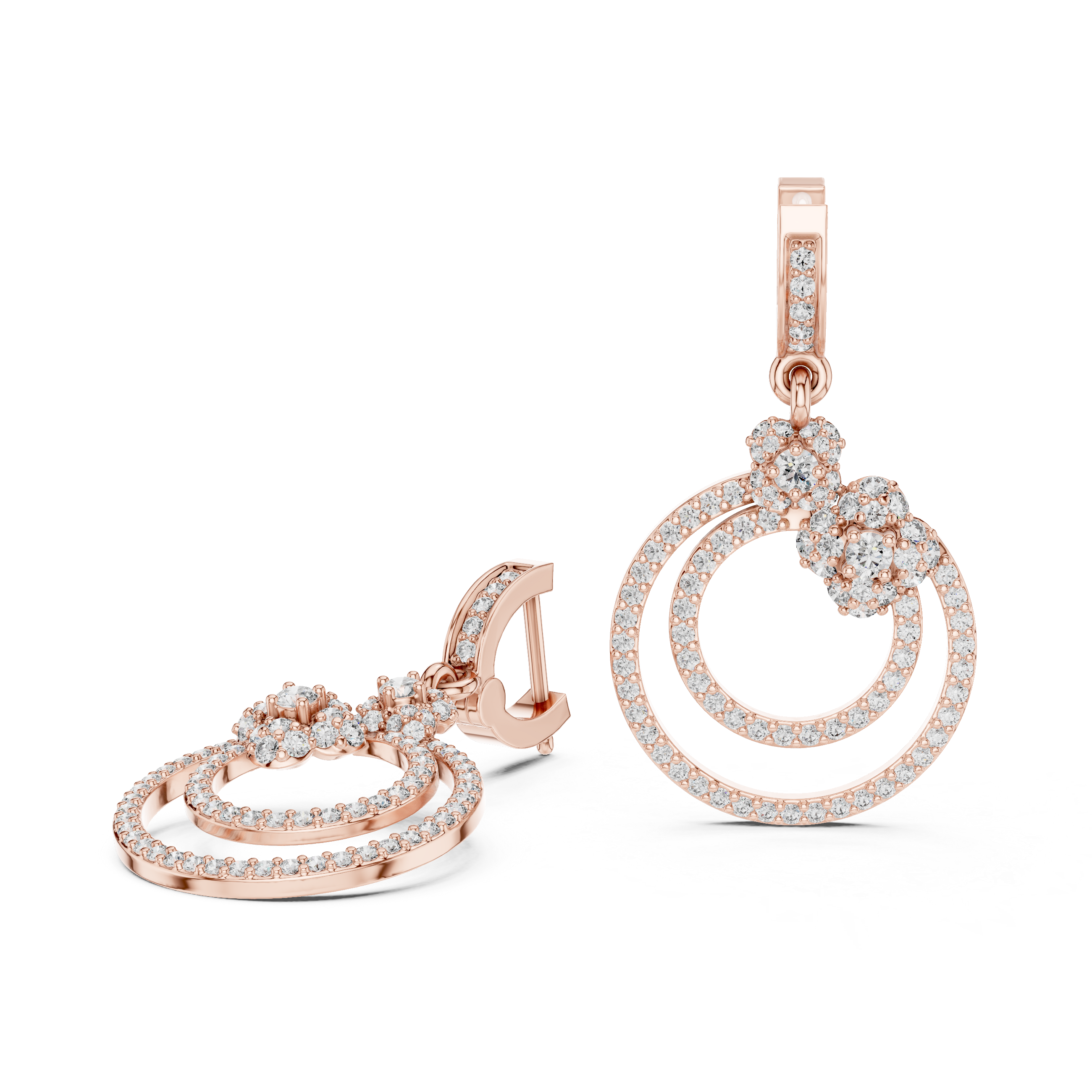 Double Halo Floral Diamond Drop Earrings