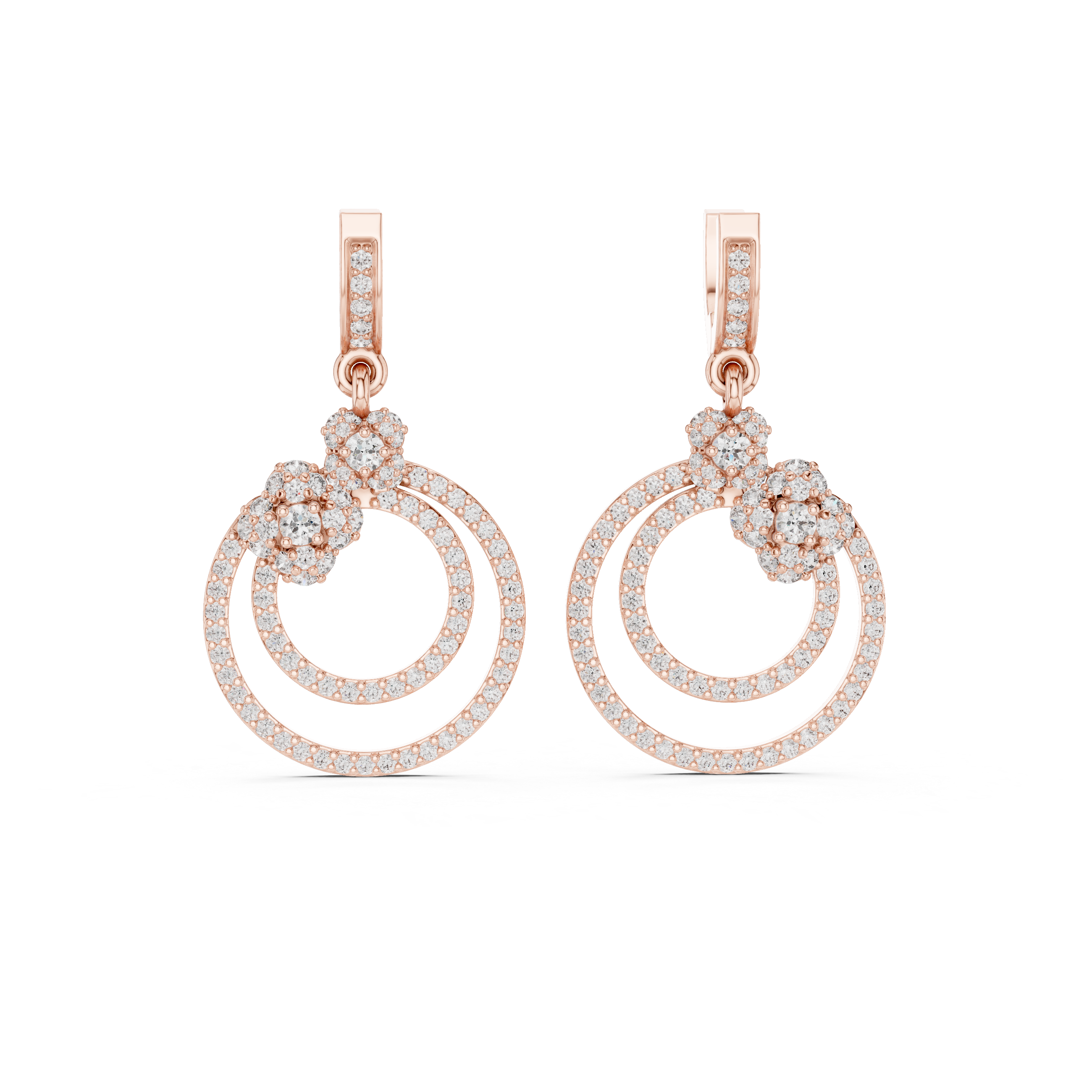 Double Halo Floral Diamond Drop Earrings