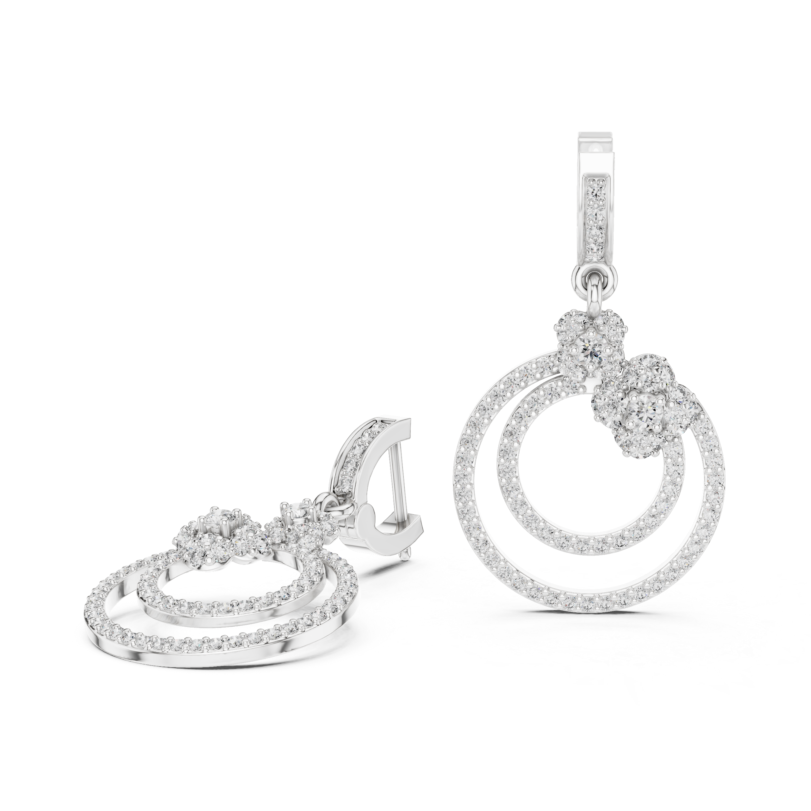Double Halo Floral Diamond Drop Earrings