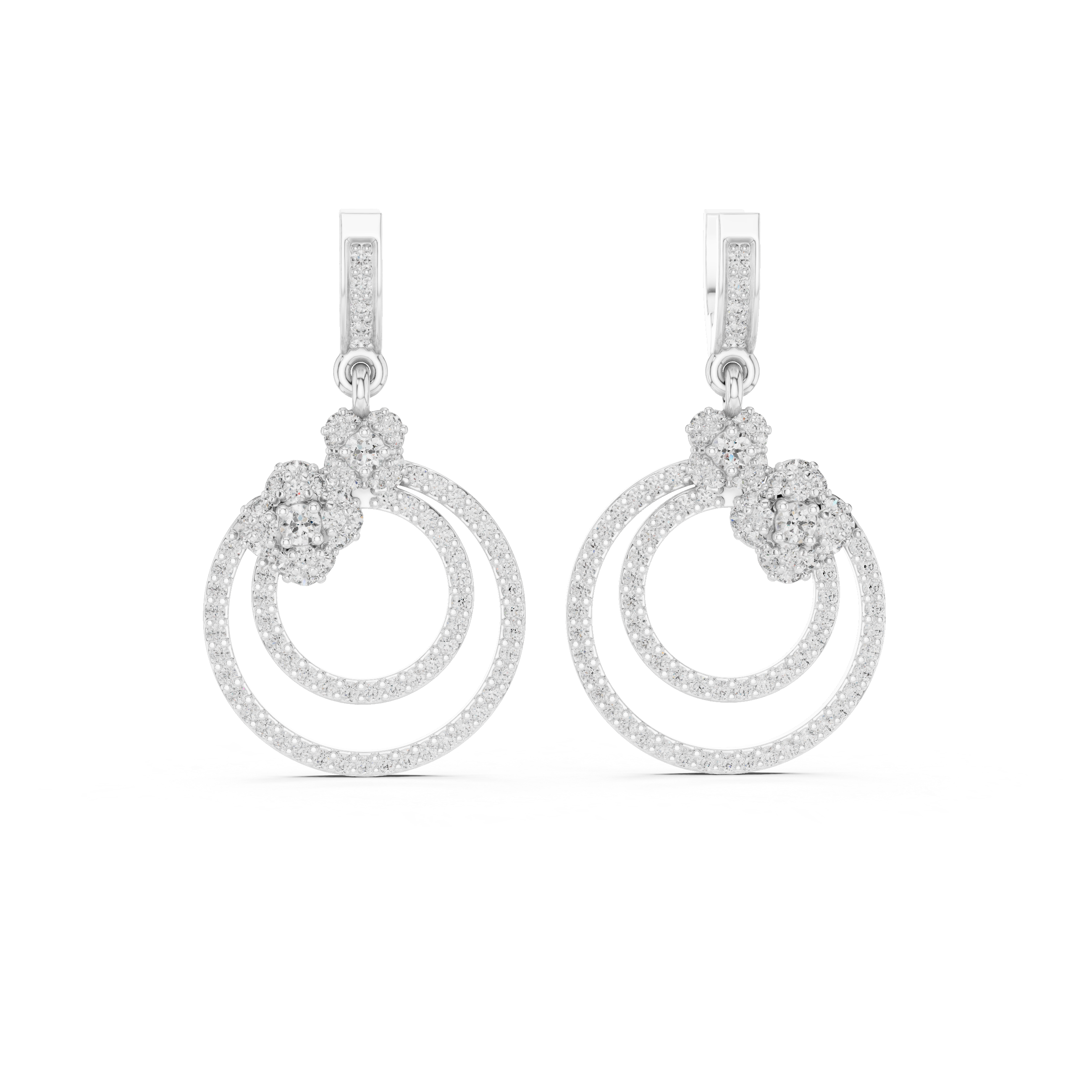 Double Halo Floral Diamond Drop Earrings