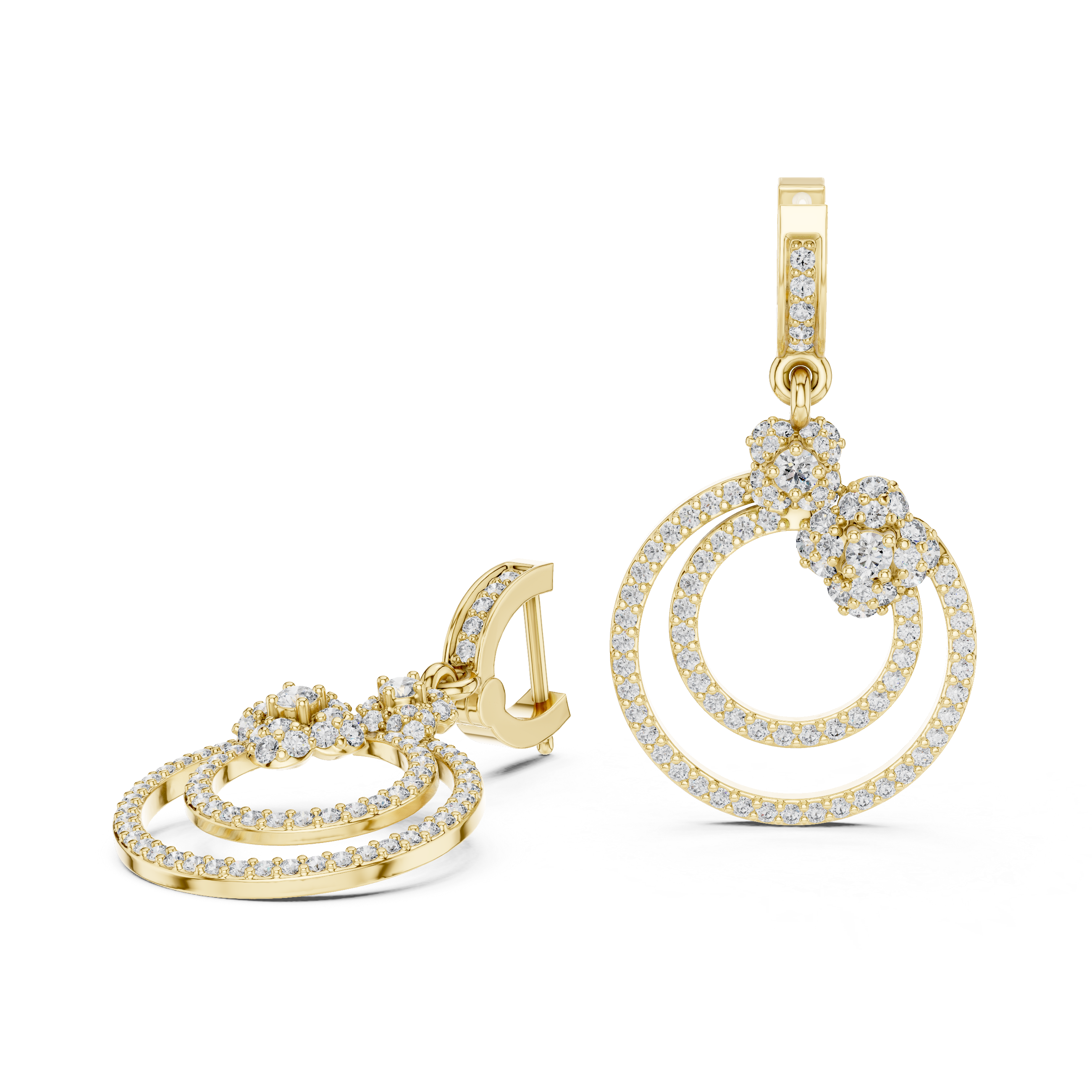 Double Halo Floral Diamond Drop Earrings