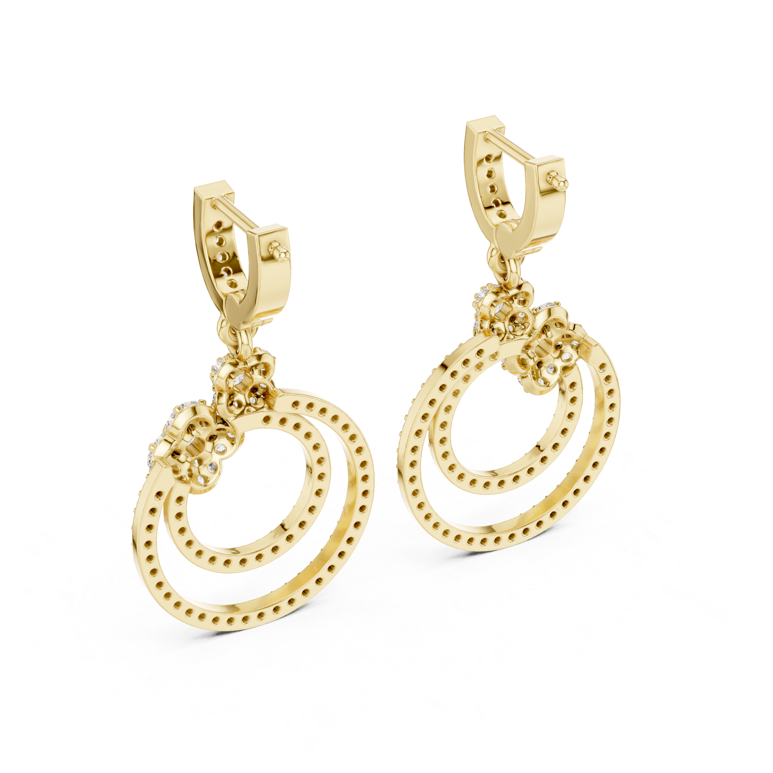 Double Halo Floral Diamond Drop Earrings