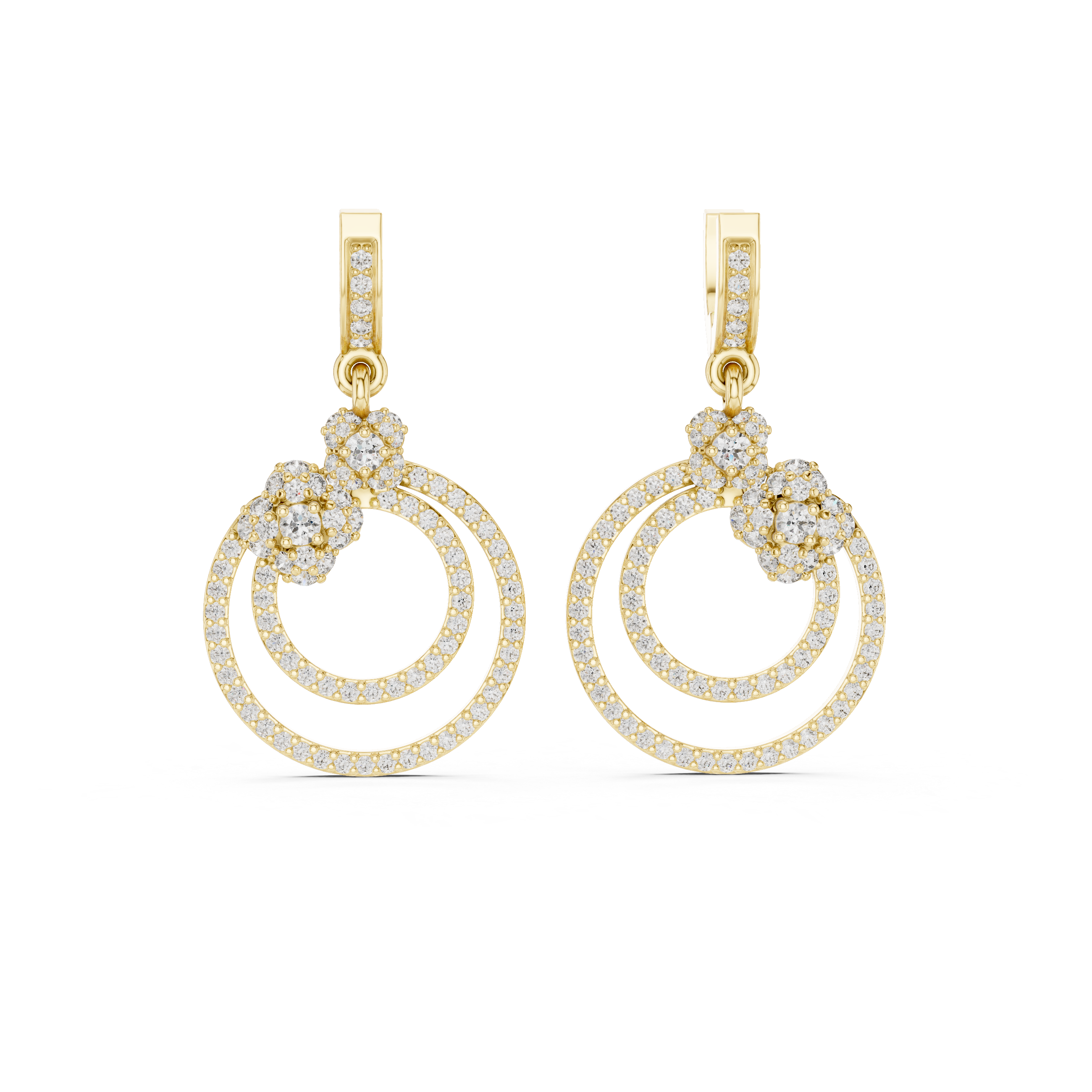 Double Halo Floral Diamond Drop Earrings