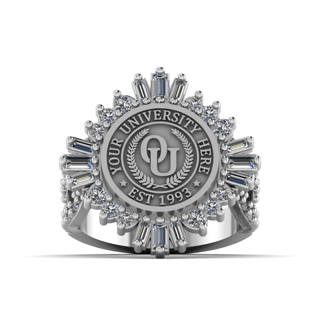 Silver ring with a university emblem and 'OU' initials on a white background