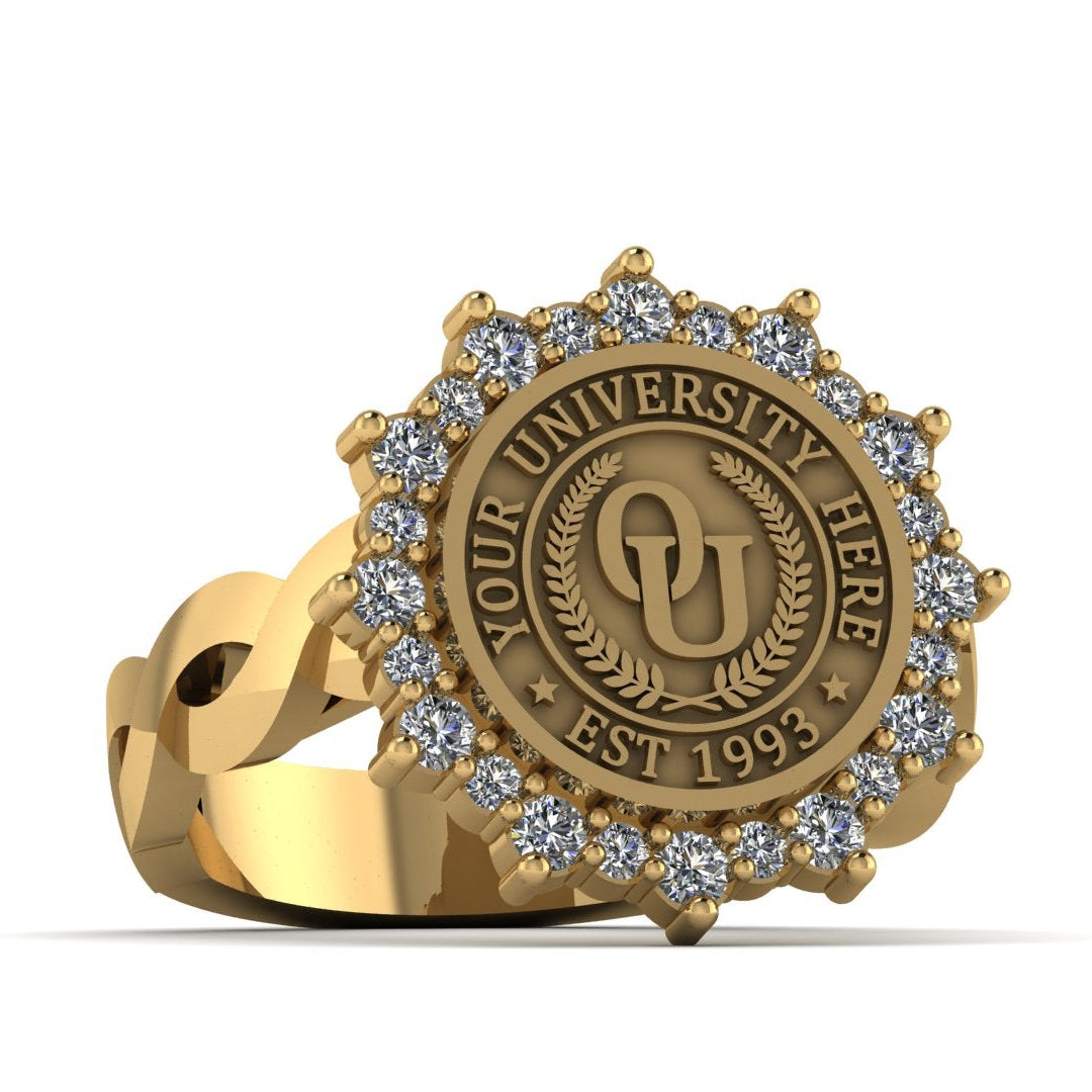 Gold ring with a customizable university emblem and diamonds on a white background