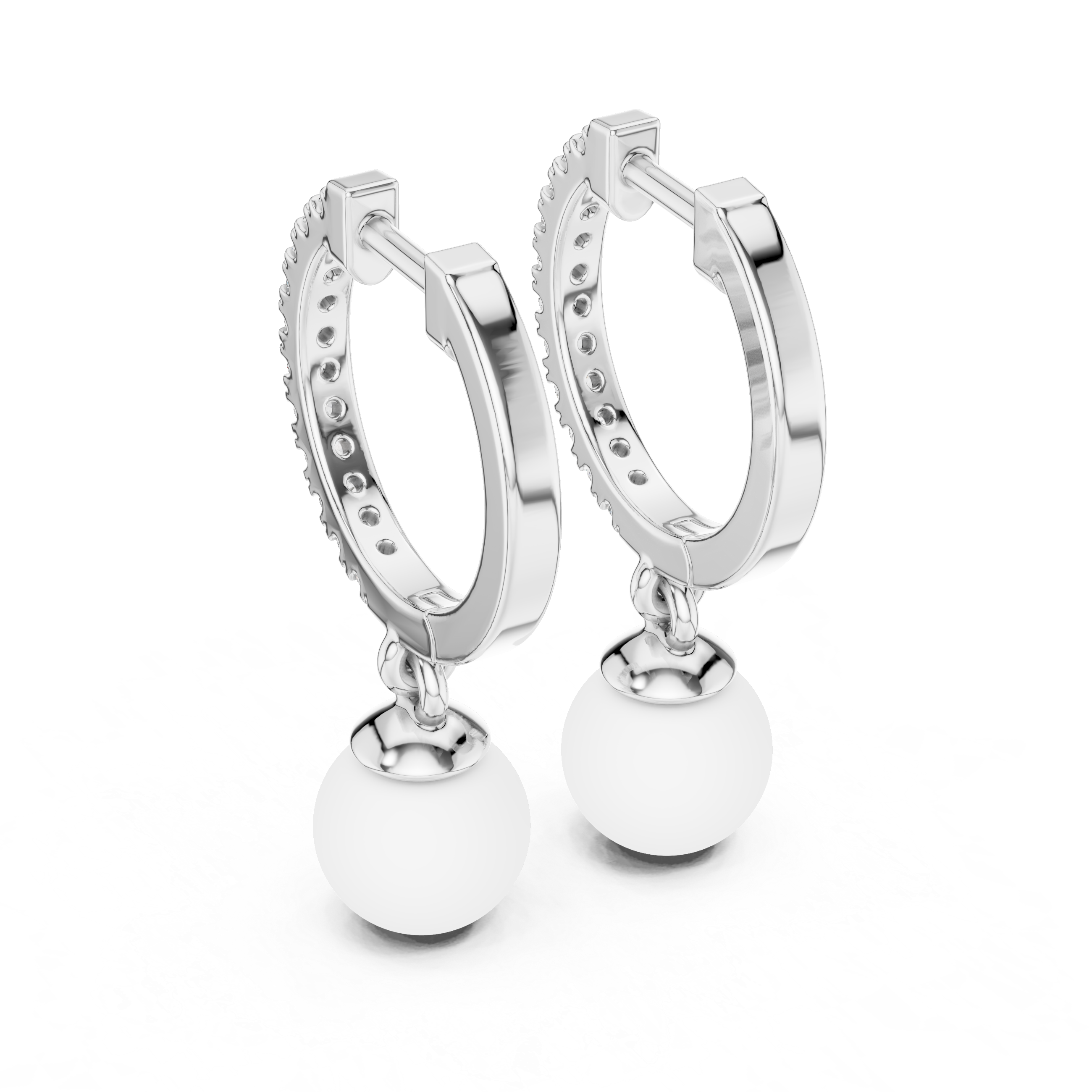 Diamond Hoop Earrings with Pearl Drop in Gold
