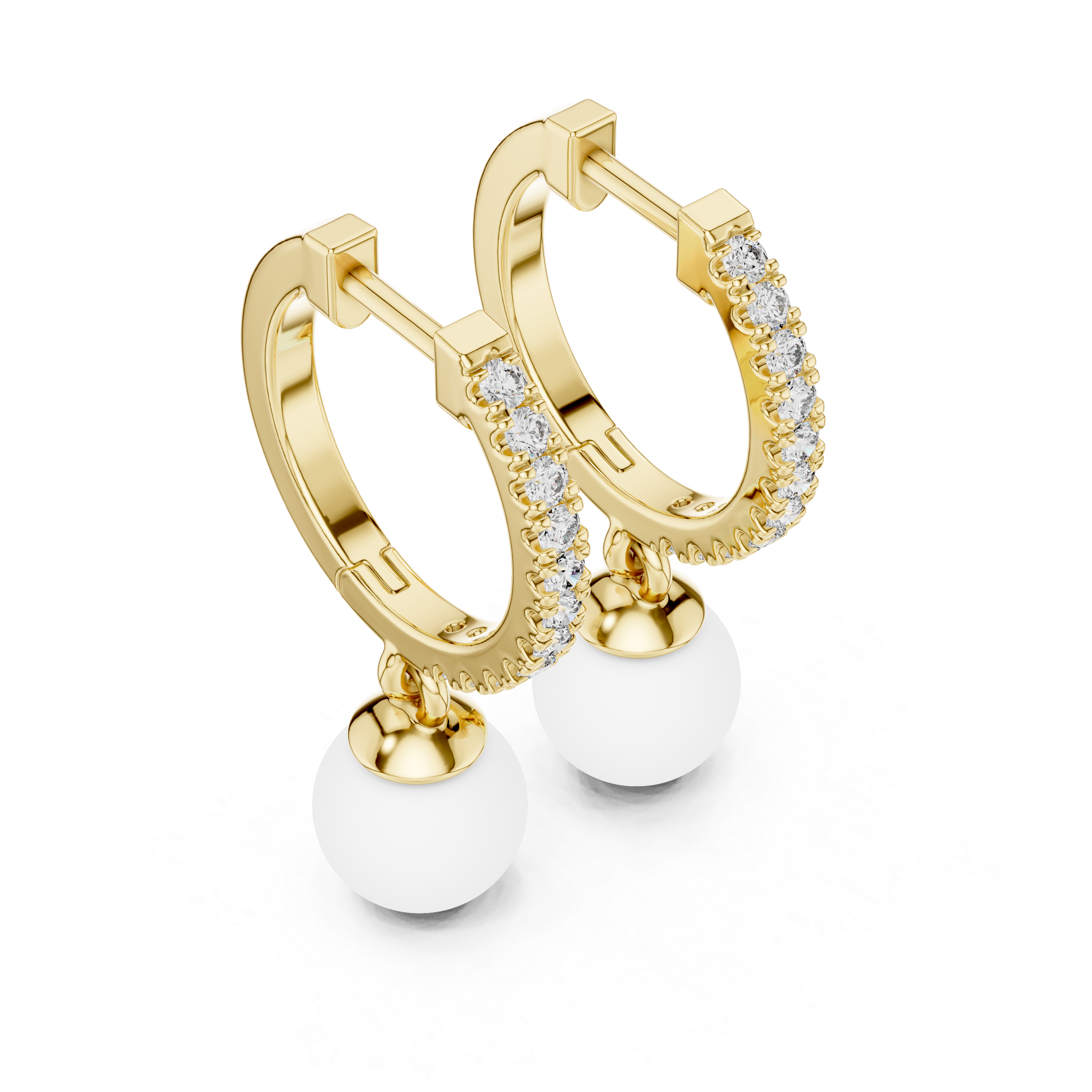 Diamond Hoop Earrings with Pearl Drop in Gold