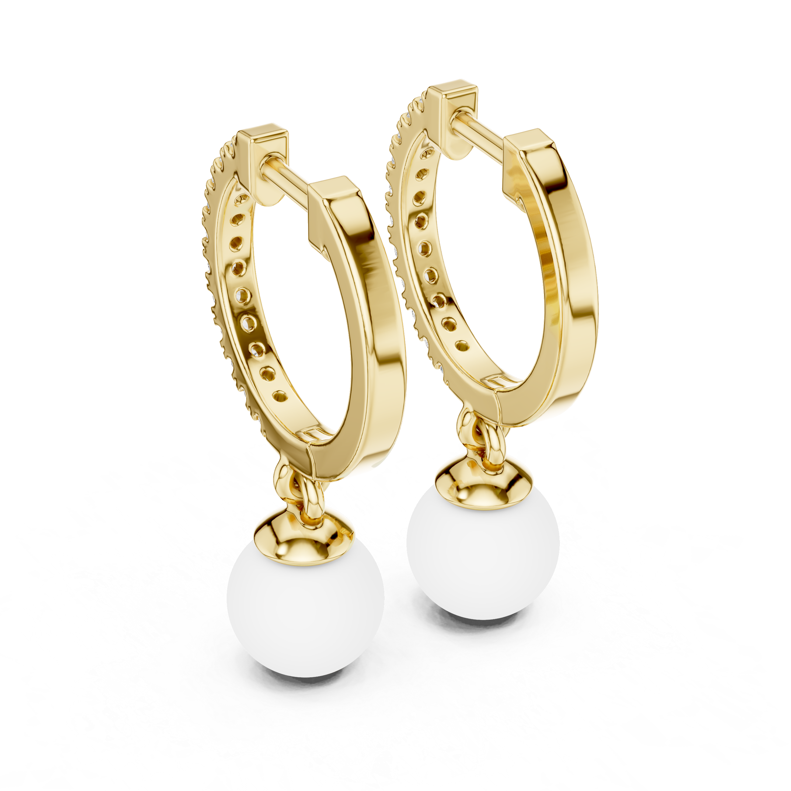 Diamond Hoop Earrings with Pearl Drop in Gold