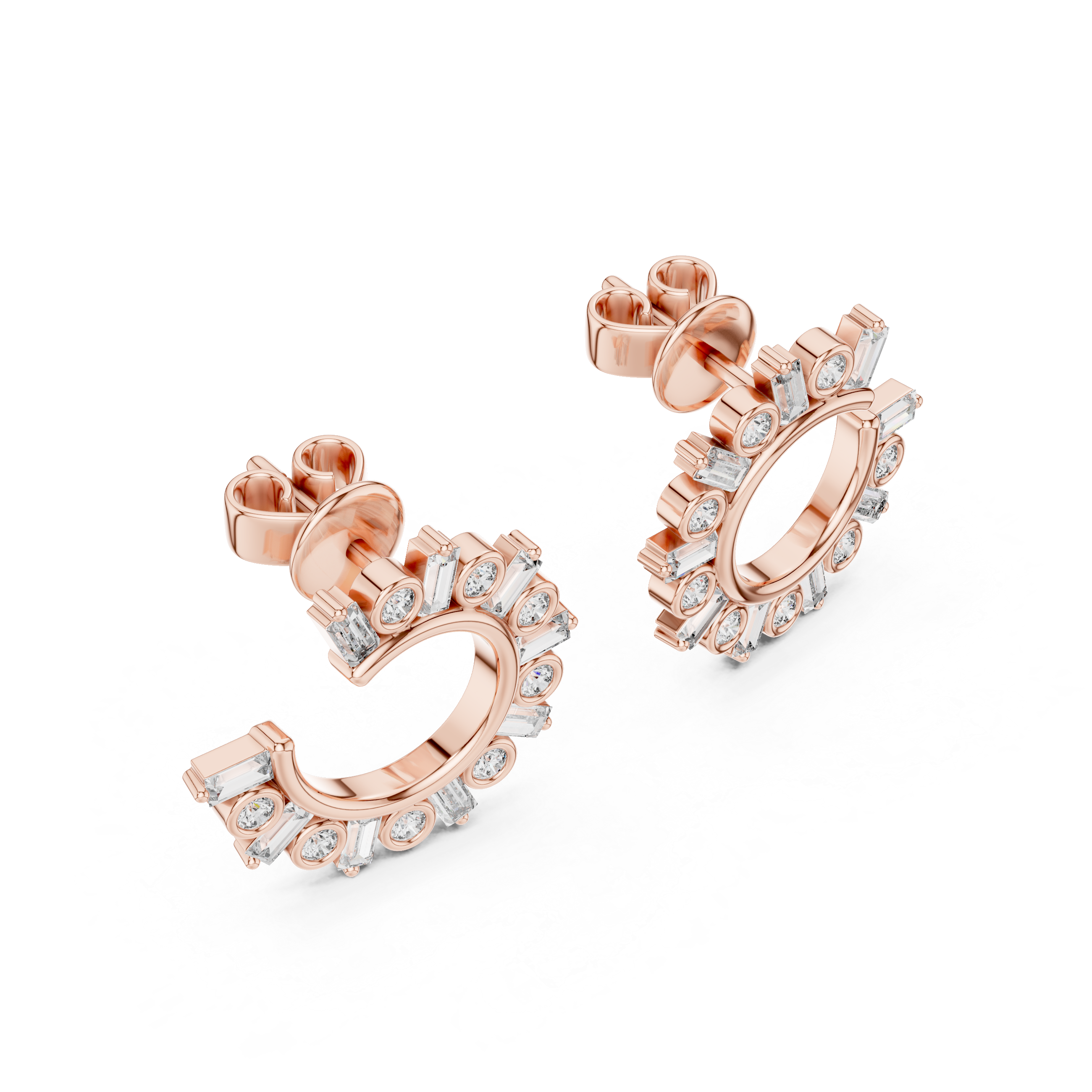 Diamond Baguette & Round Open Circle Hoop Earrings