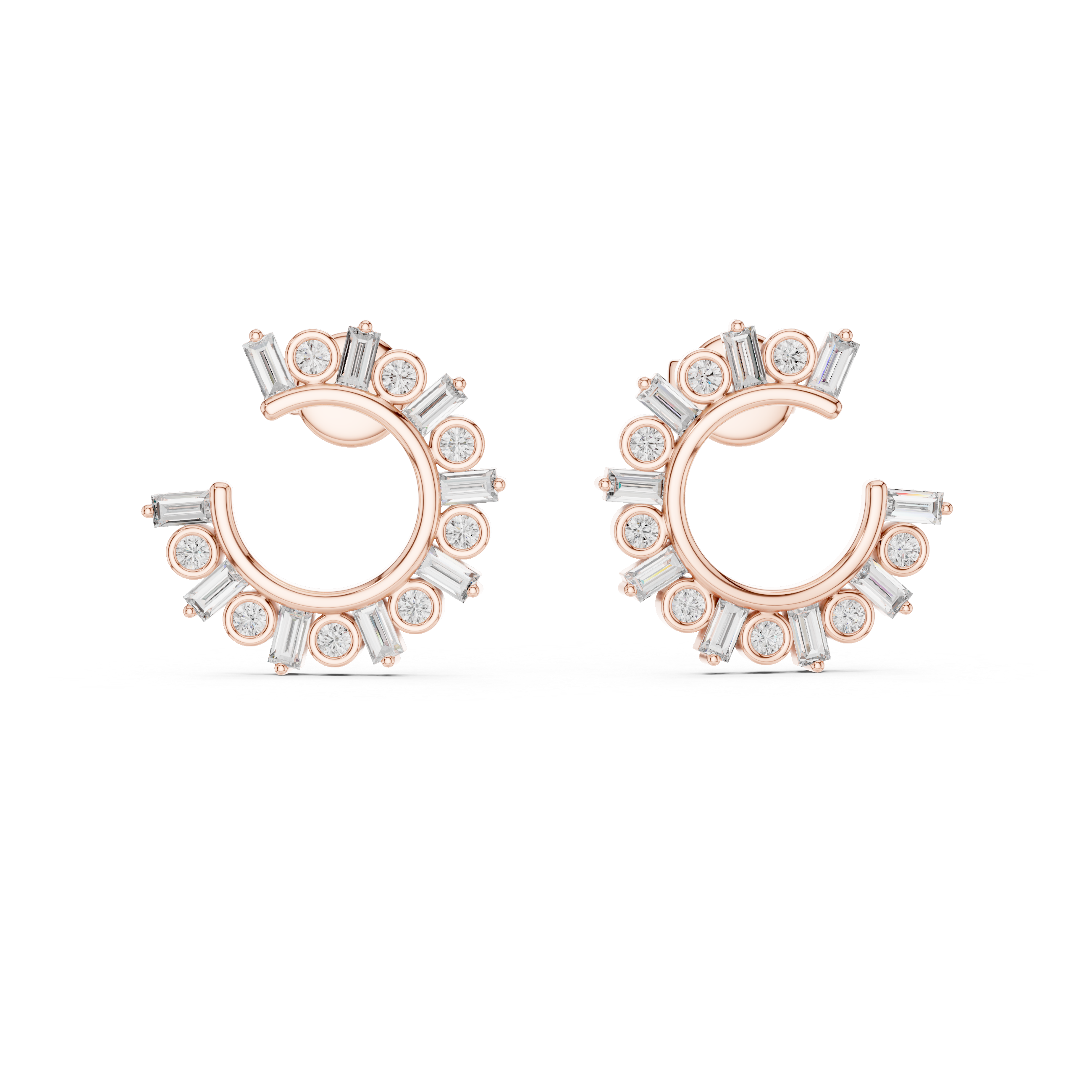 Diamond Baguette & Round Open Circle Hoop Earrings
