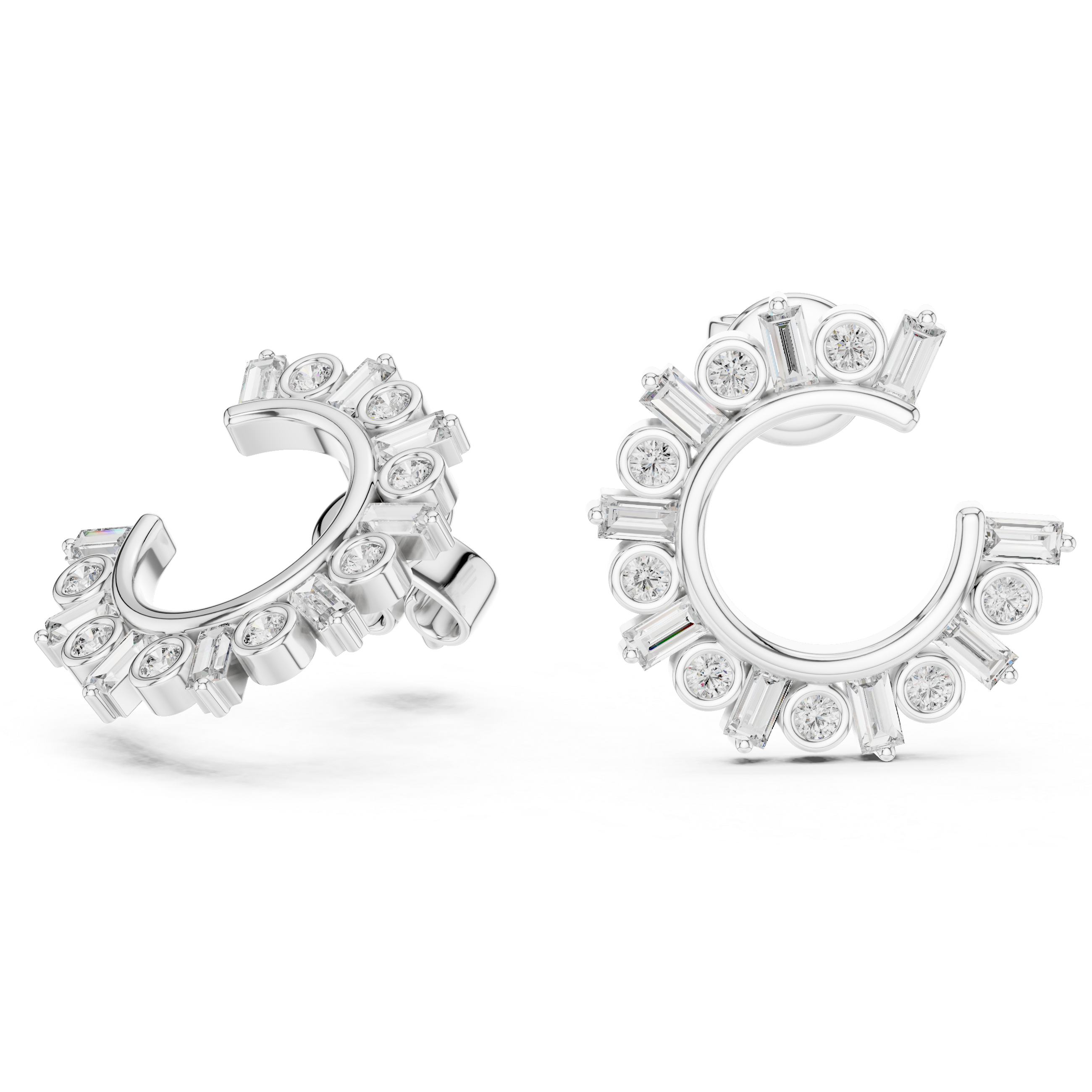 Diamond Baguette & Round Open Circle Hoop Earrings