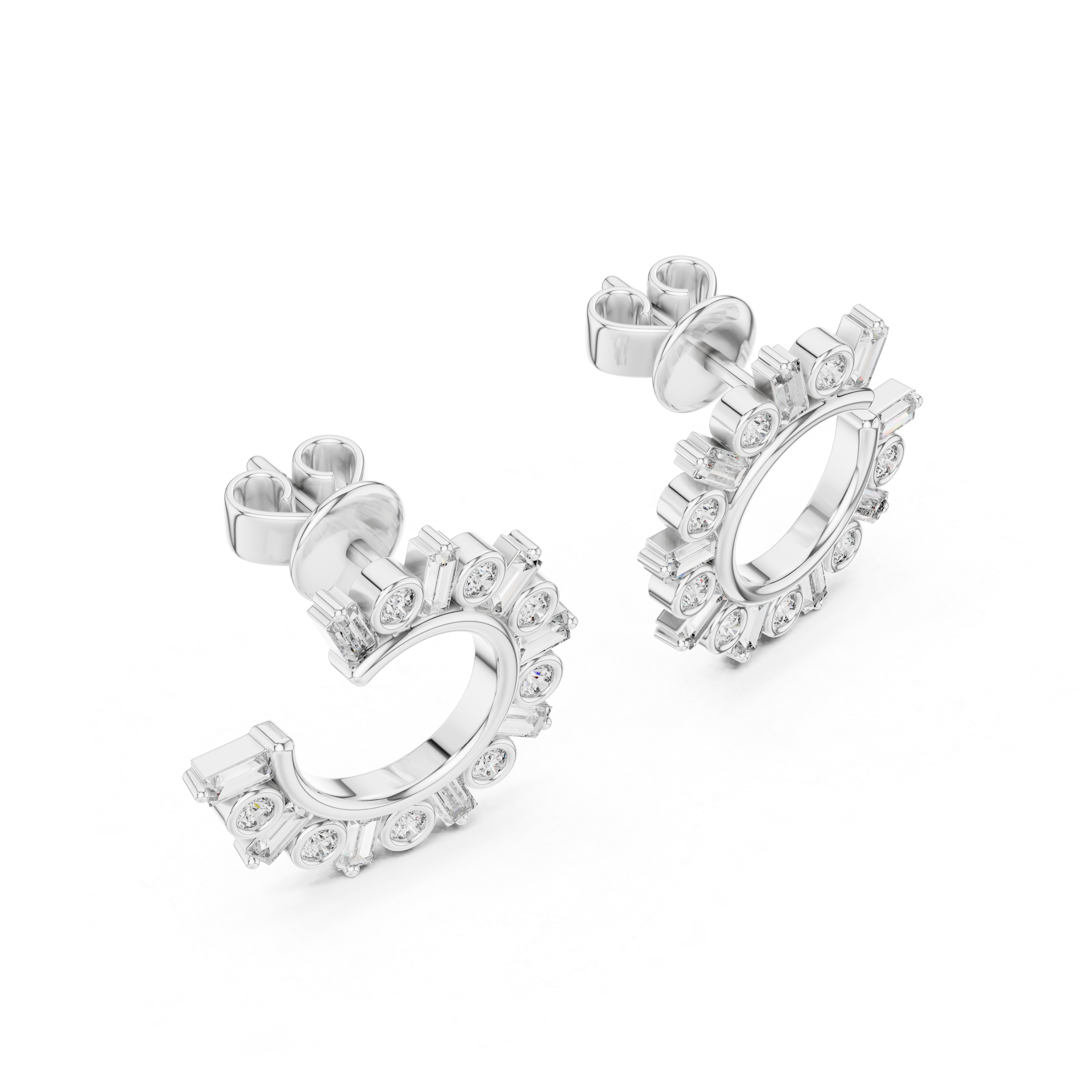 Diamond Baguette & Round Open Circle Hoop Earrings