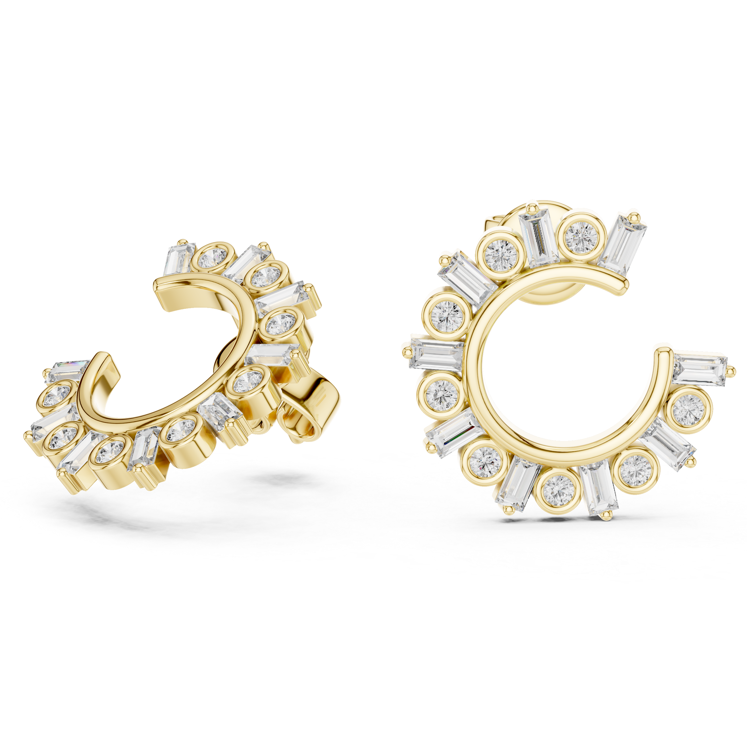 Diamond Baguette & Round Open Circle Hoop Earrings