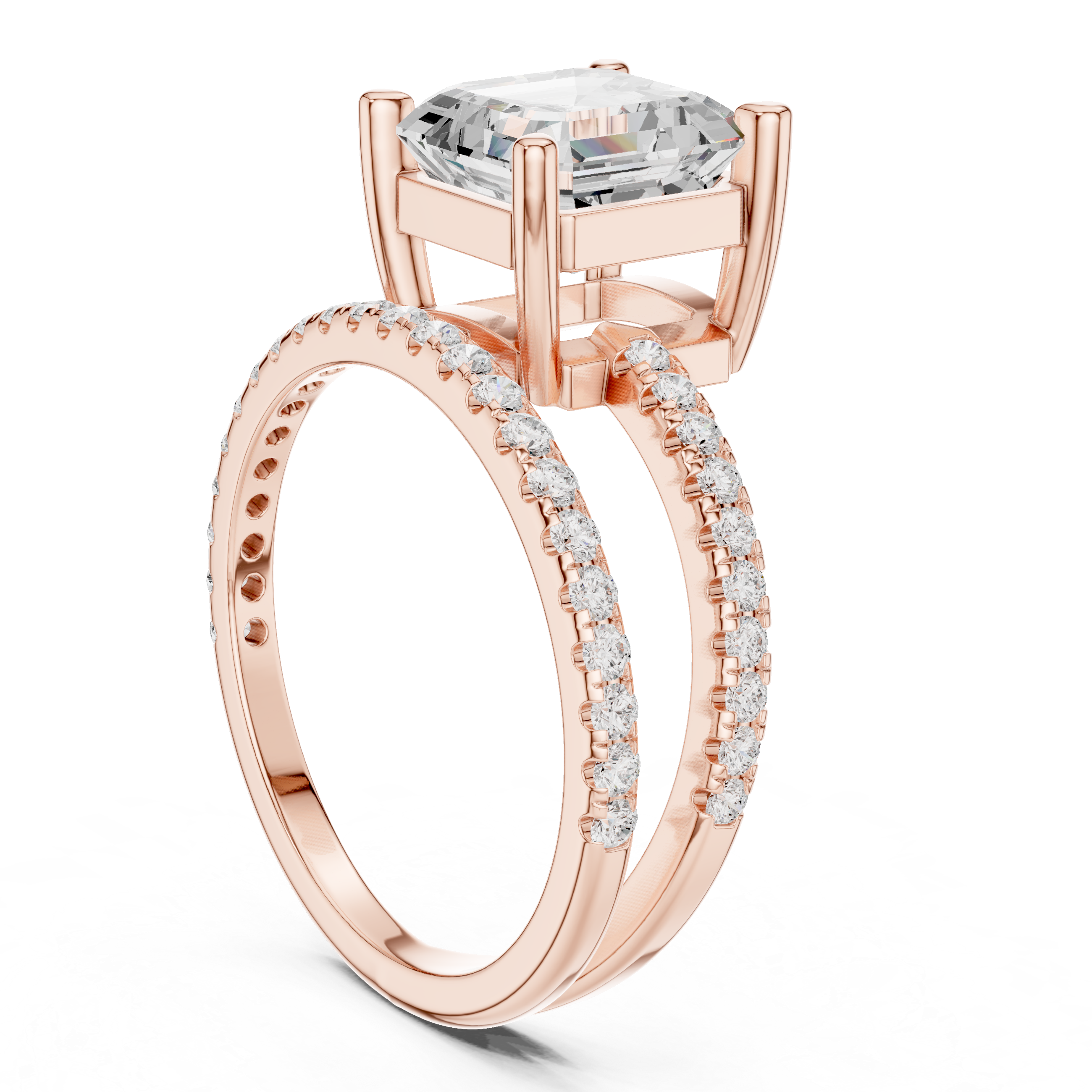 Split Shank Asscher Cut Solitaire Engagement Ring with Pavé Diamond Band