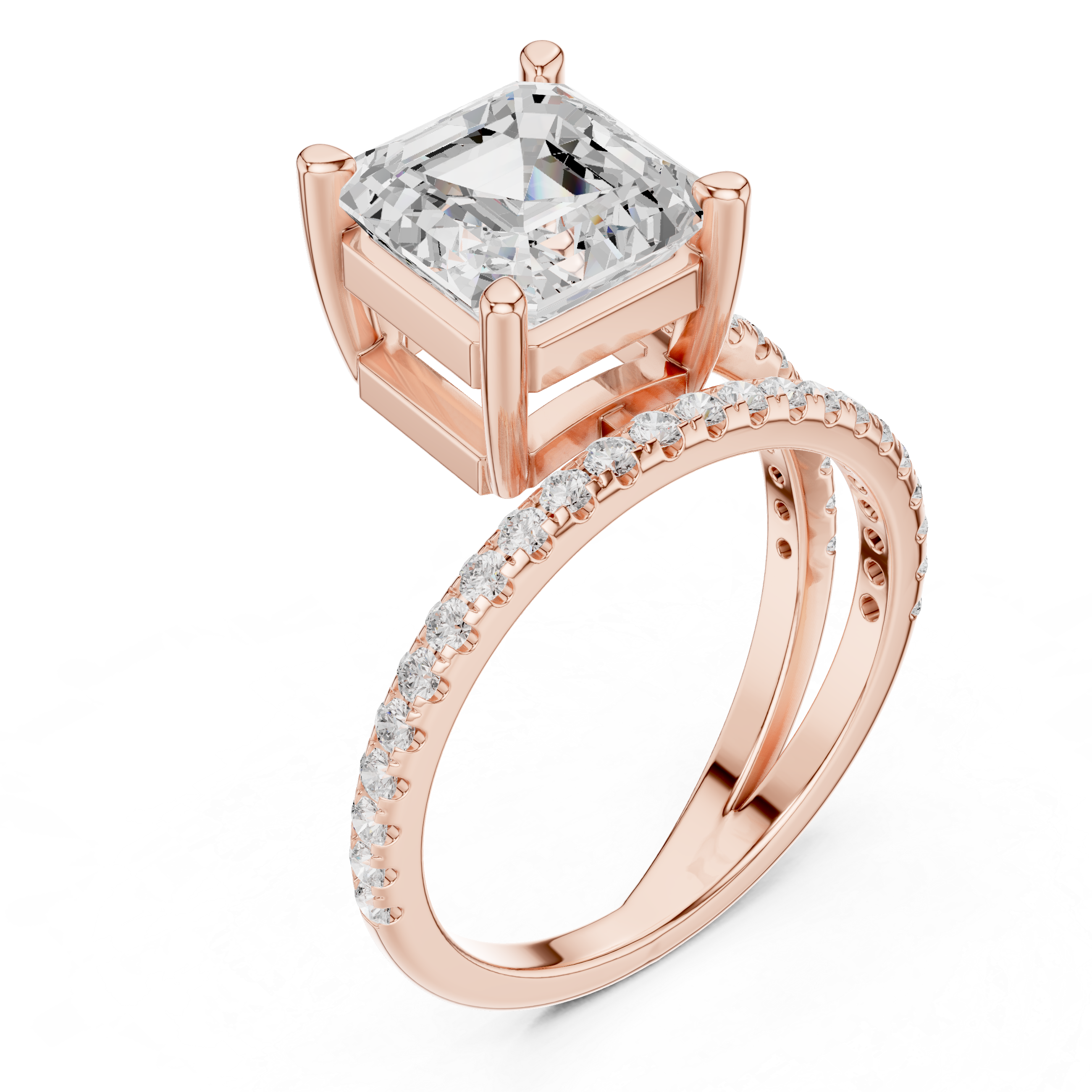 Split Shank Asscher Cut Solitaire Engagement Ring with Pavé Diamond Band