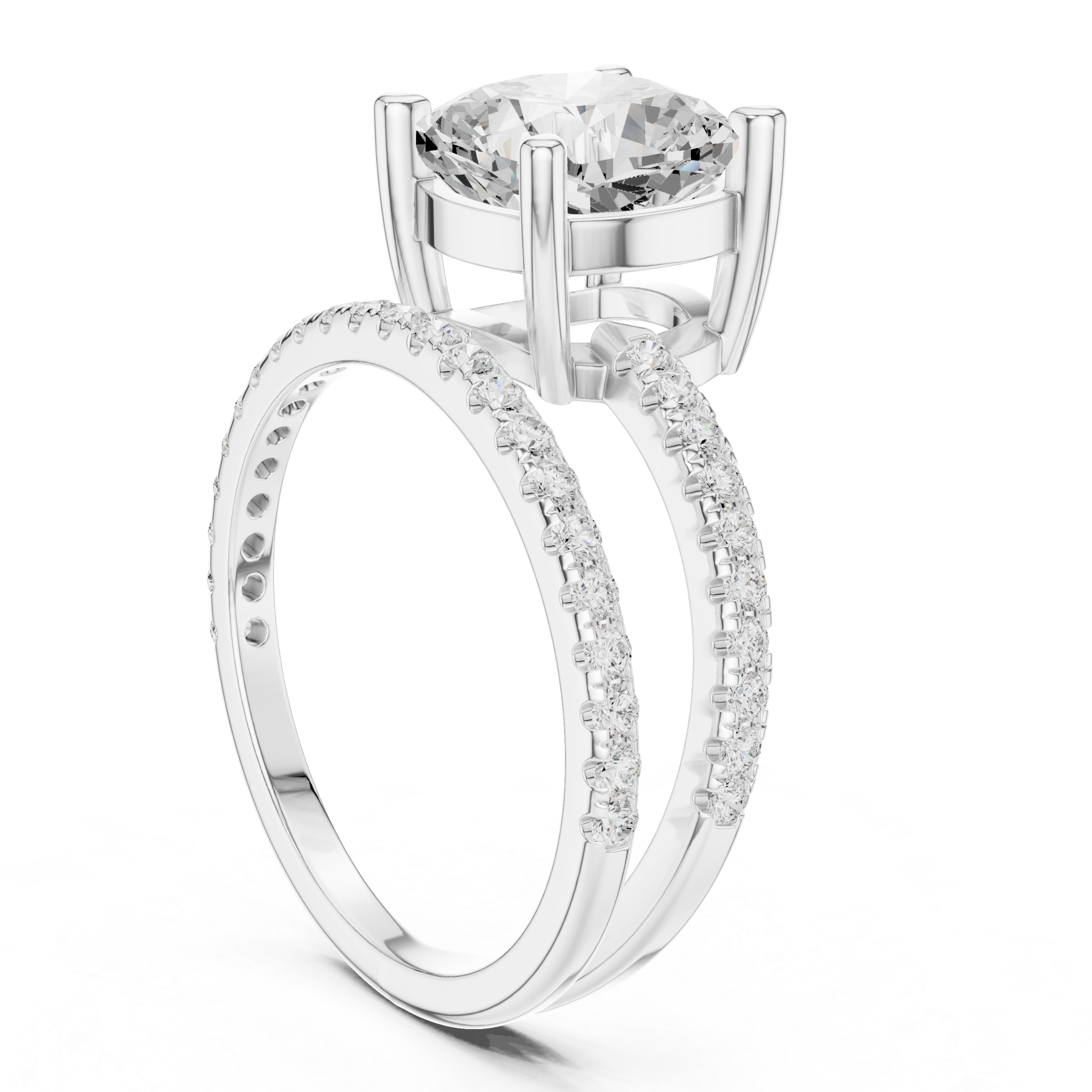 Split Shank Cushion Cut Solitaire Engagement Ring with Pavé Diamond Band