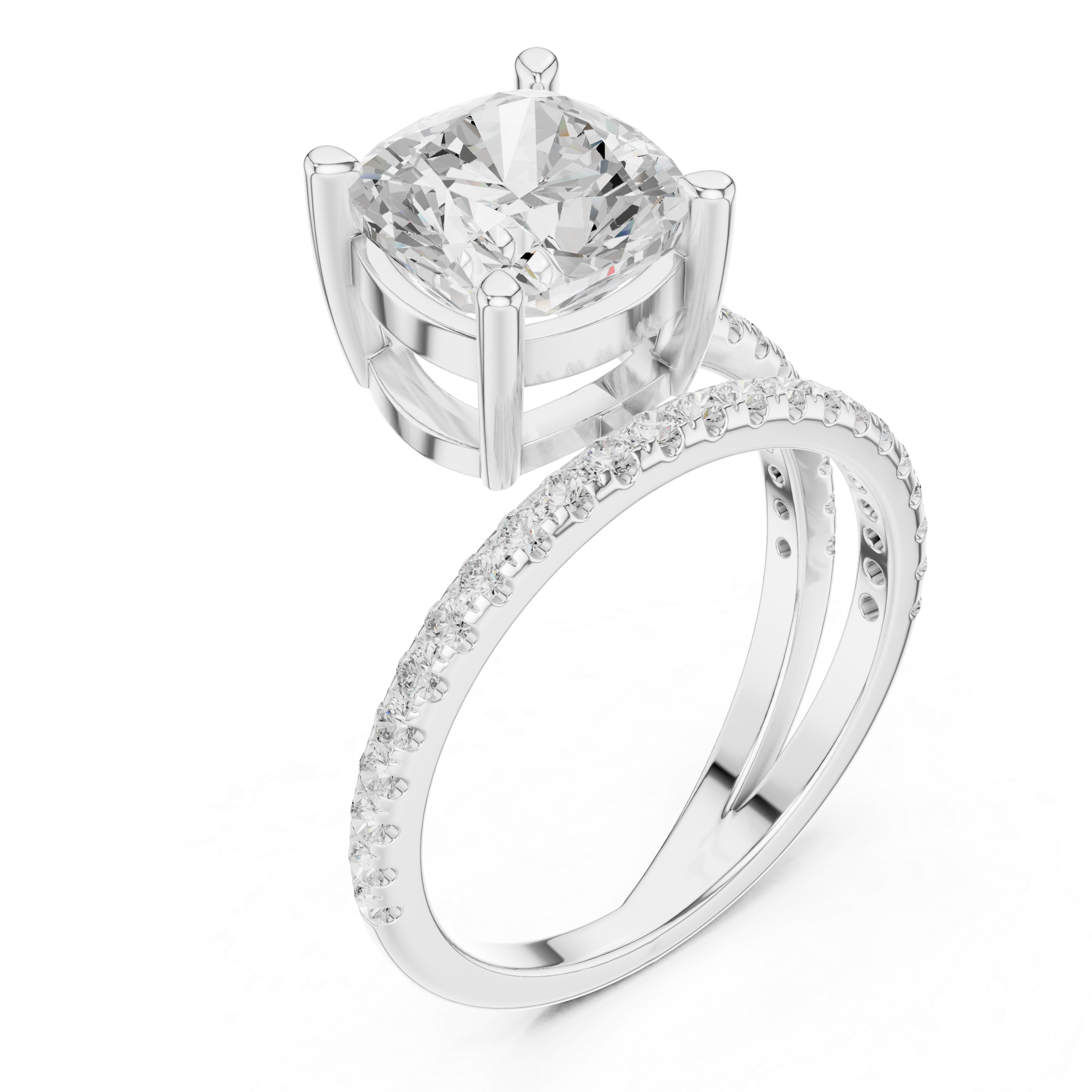 Split Shank Cushion Cut Solitaire Engagement Ring with Pavé Diamond Band