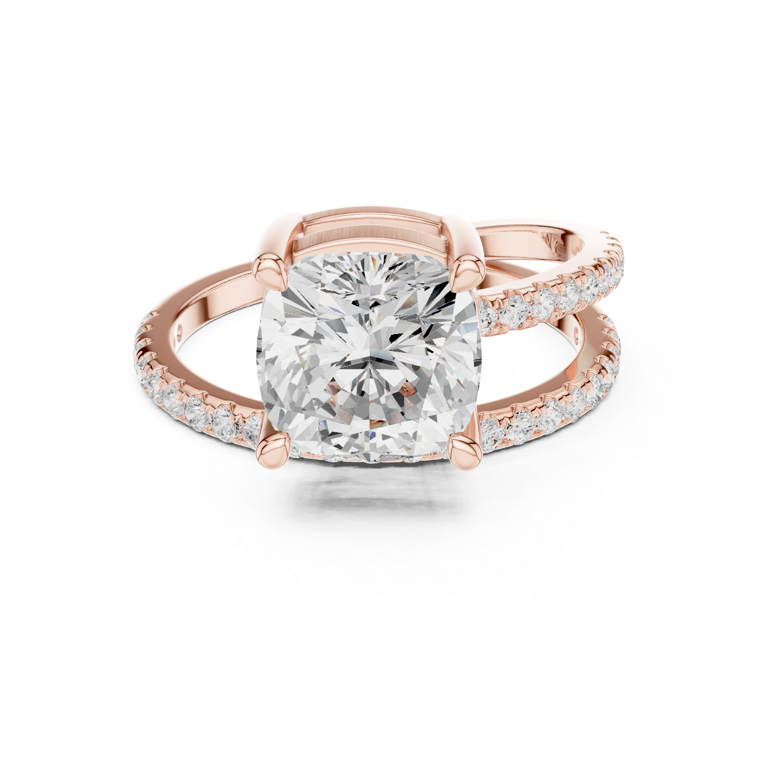 Split Shank Cushion Cut Solitaire Engagement Ring with Pavé Diamond Band