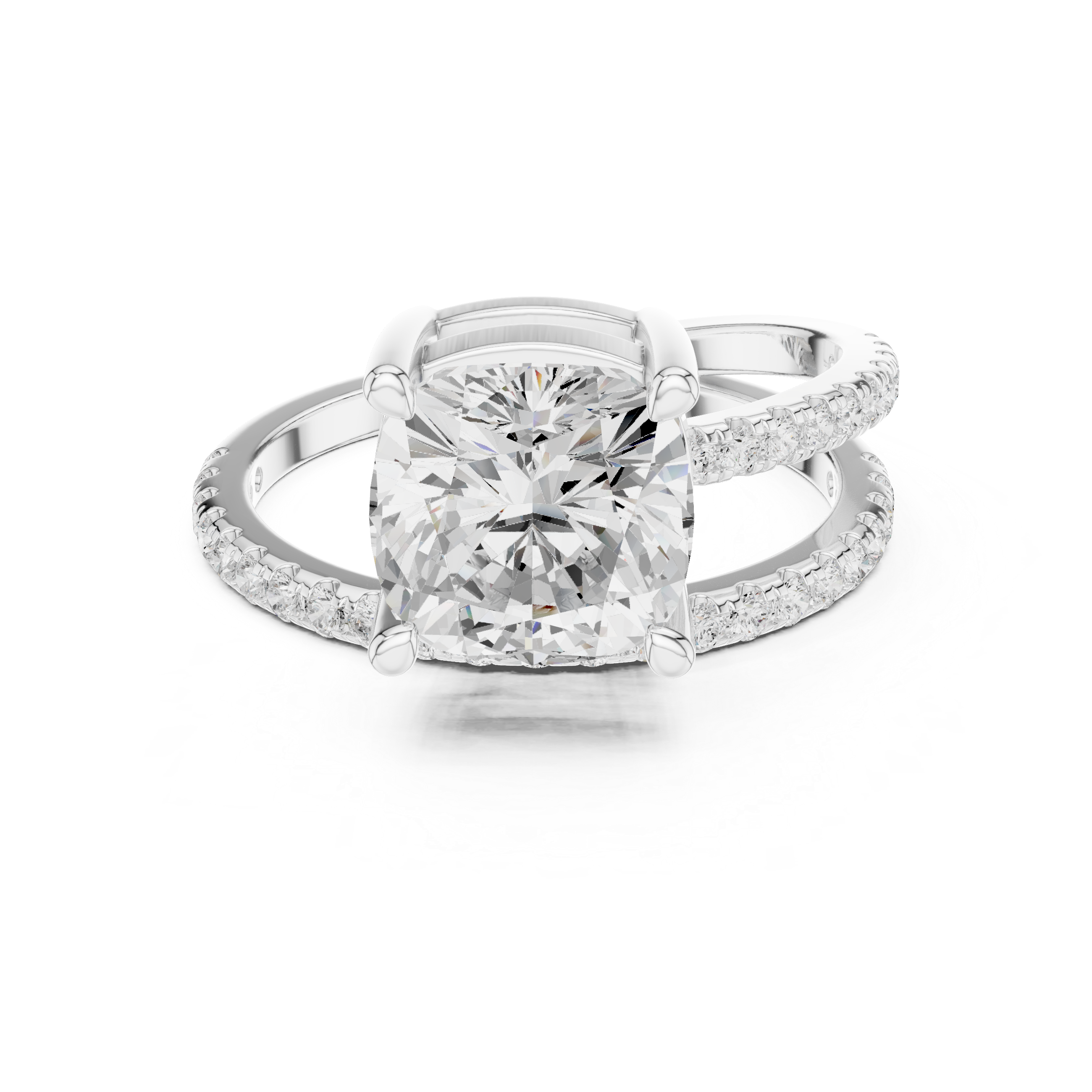 Split Shank Cushion Cut Solitaire Engagement Ring with Pavé Diamond Band