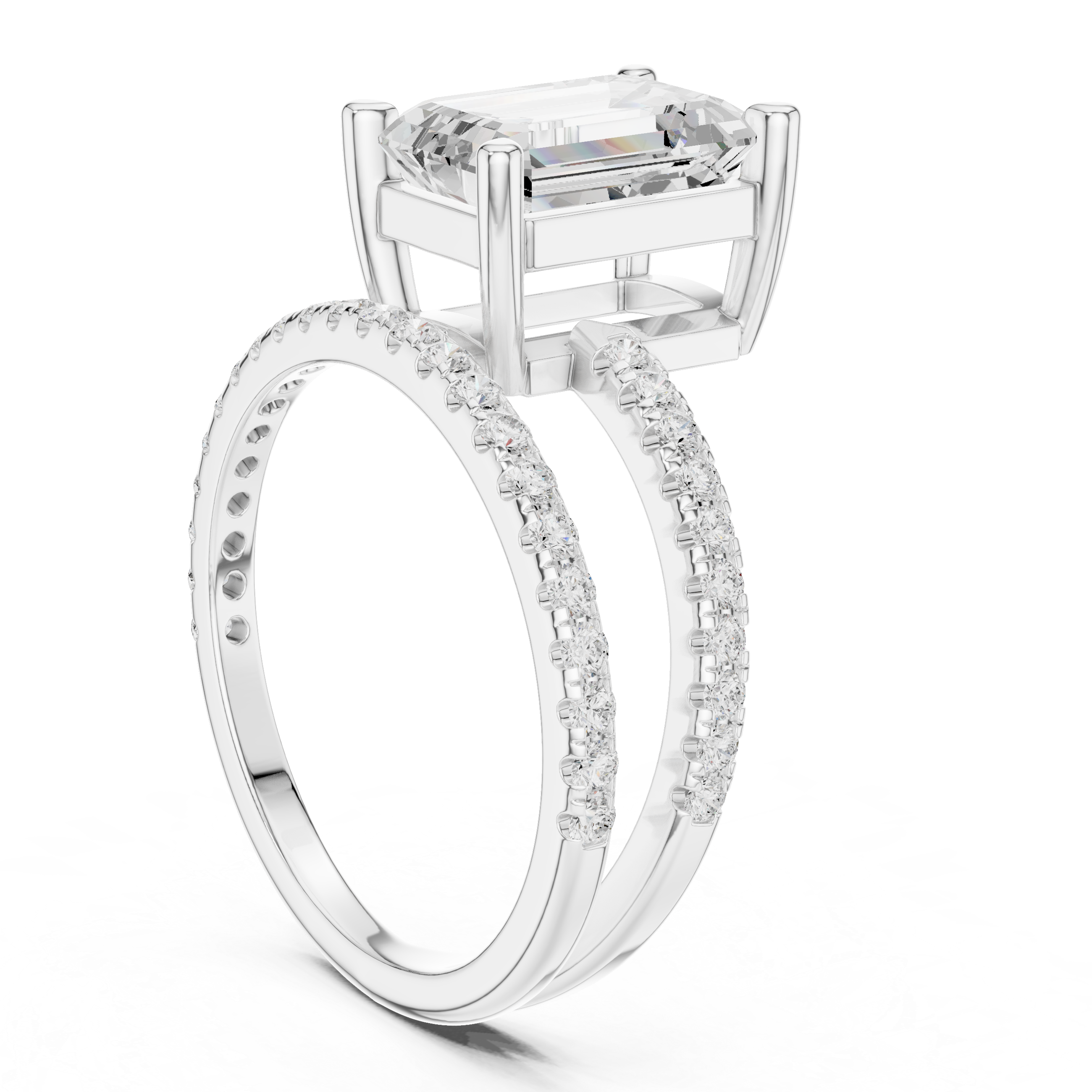 Split Shank Emerald Cut Solitaire Engagement Ring with Pavé Diamond Band