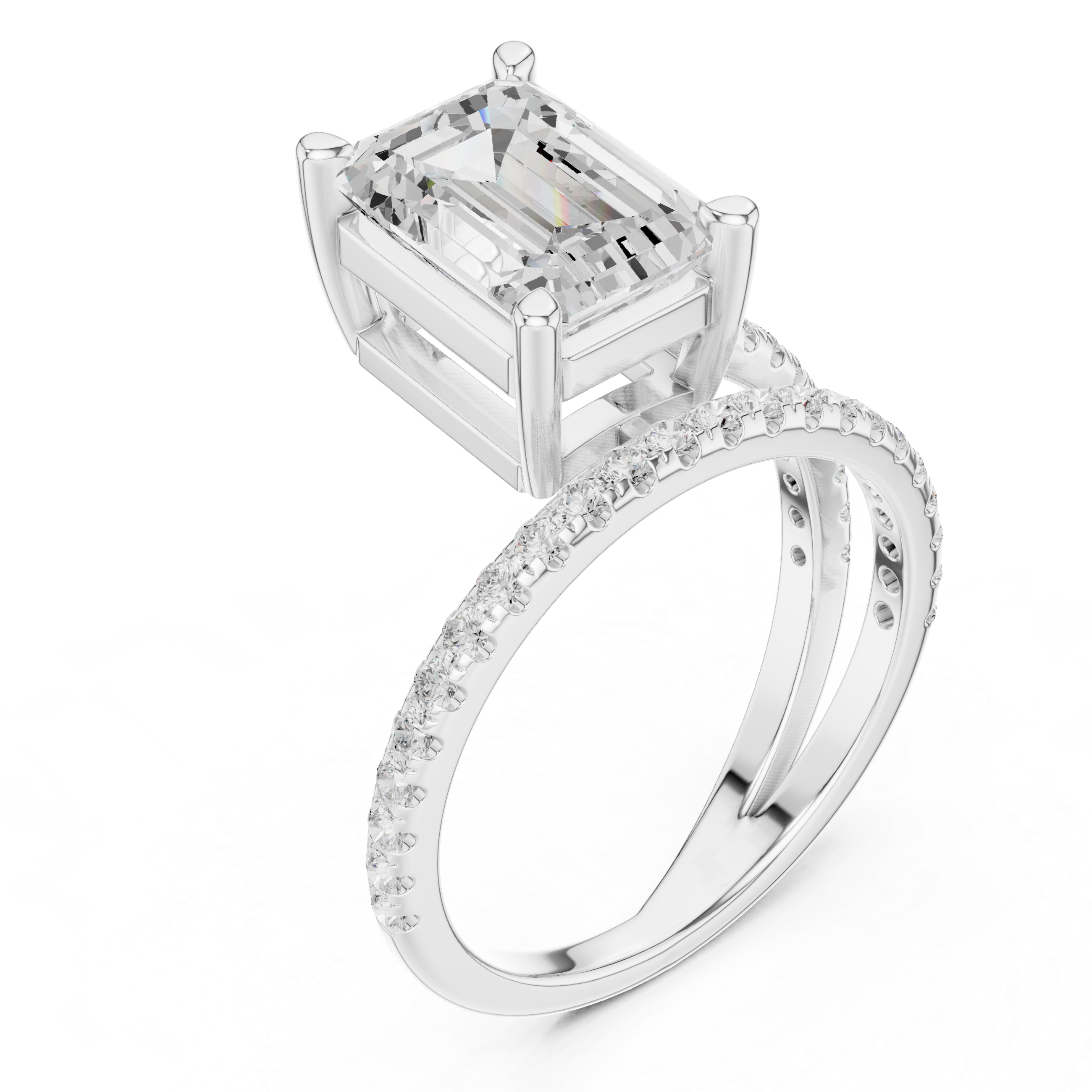 Split Shank Emerald Cut Solitaire Engagement Ring with Pavé Diamond Band