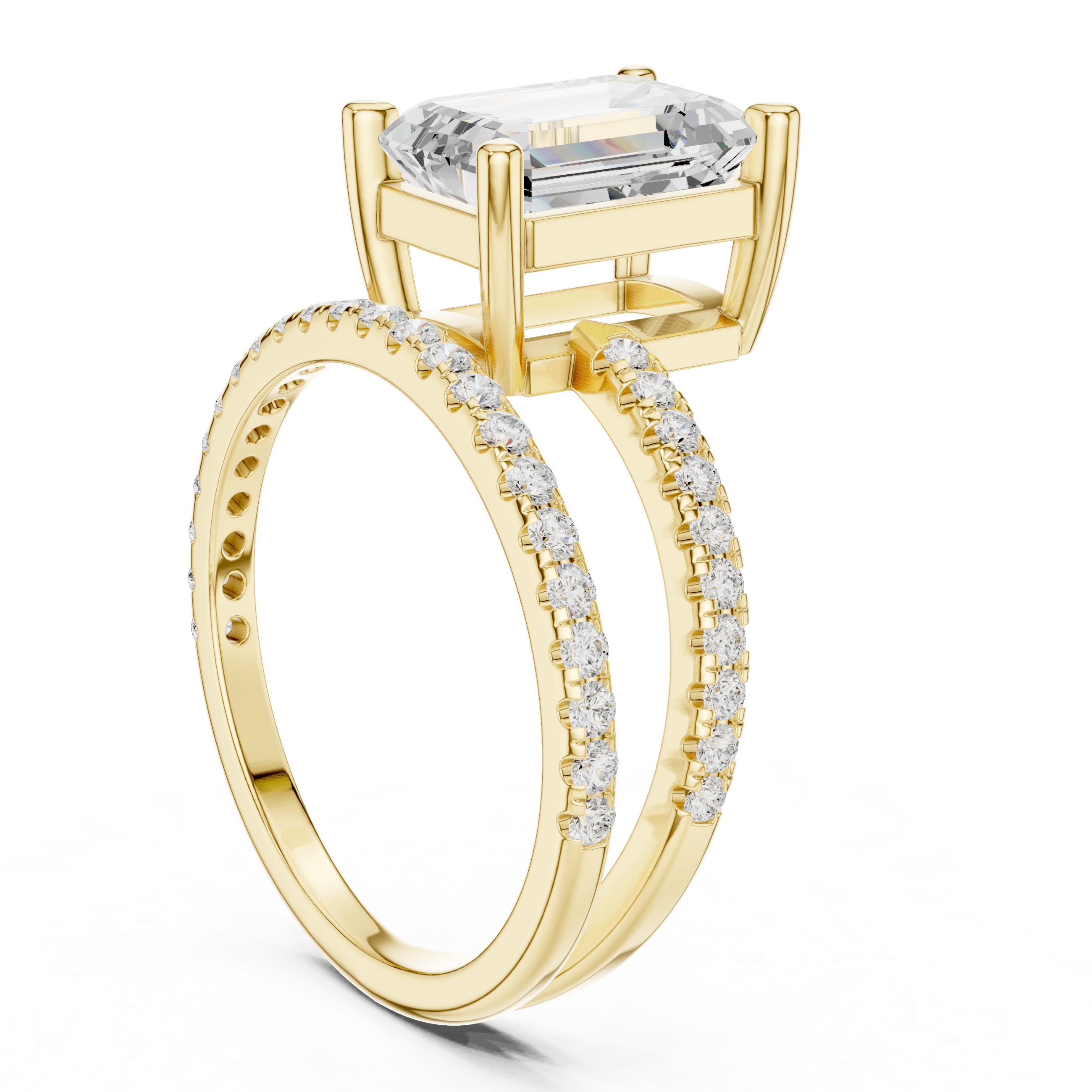 Split Shank Emerald Cut Solitaire Engagement Ring with Pavé Diamond Band