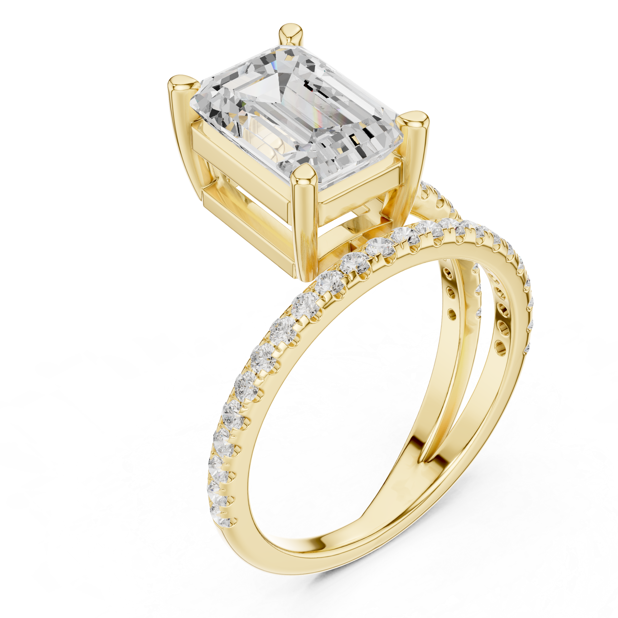 Split Shank Emerald Cut Solitaire Engagement Ring with Pavé Diamond Band