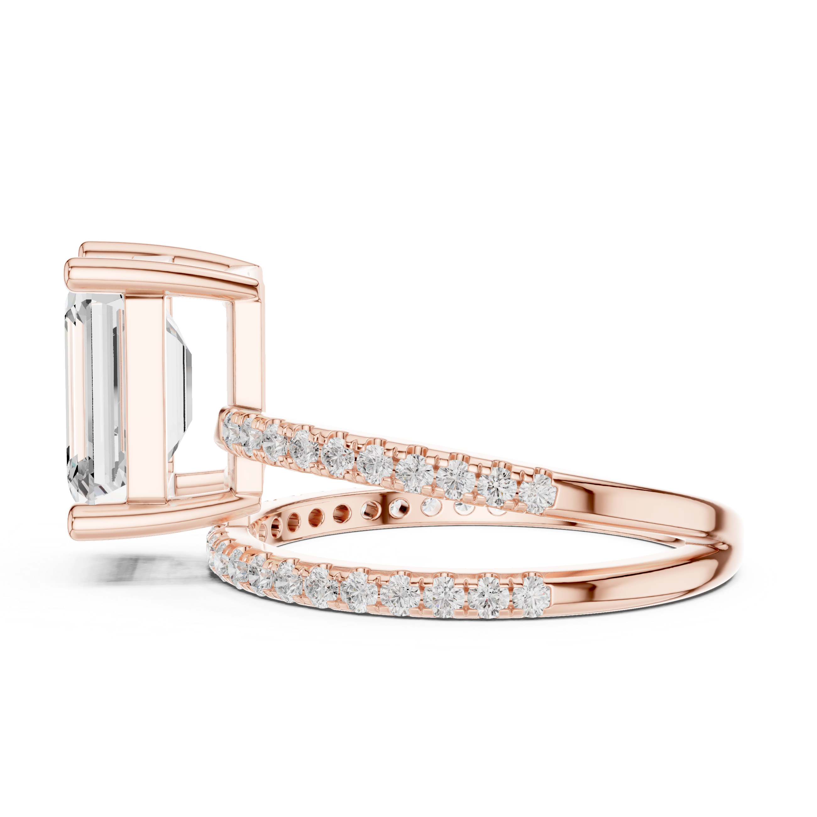 Split Shank Emerald Cut Solitaire Engagement Ring with Pavé Diamond Band