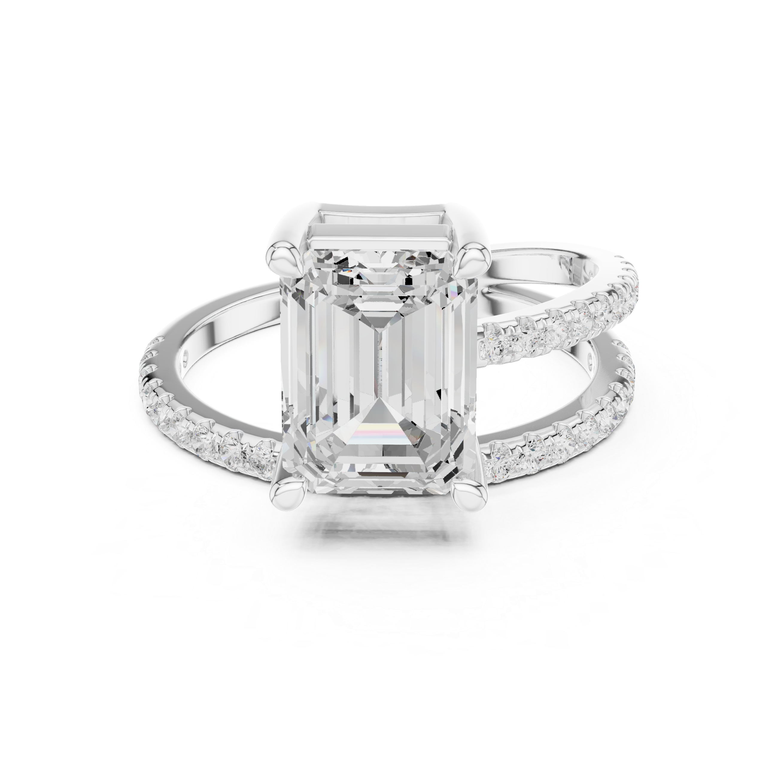 Split Shank Emerald Cut Solitaire Engagement Ring with Pavé Diamond Band