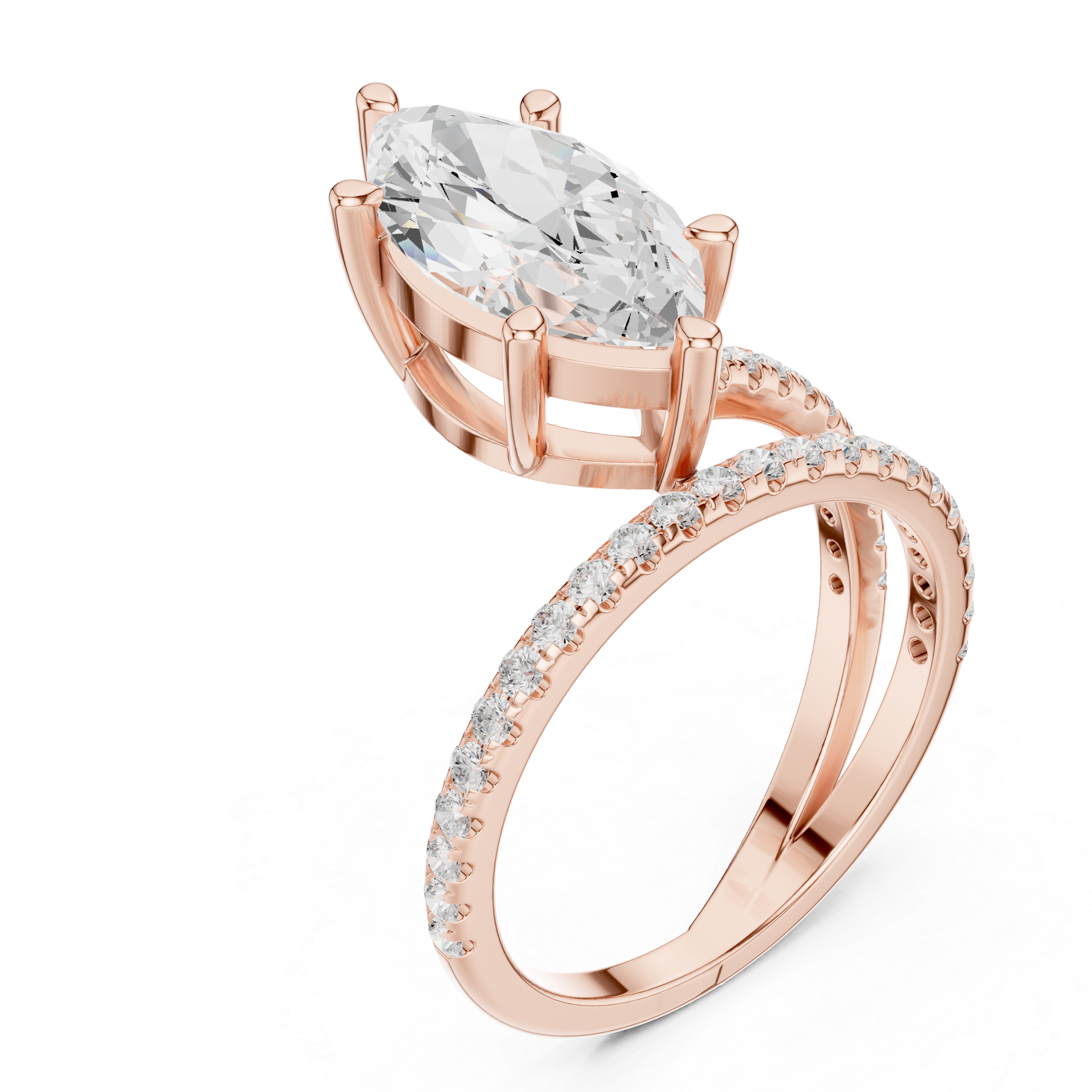 Split Shank Marquise Cut Solitaire Engagement Ring with Pavé Diamond Band
