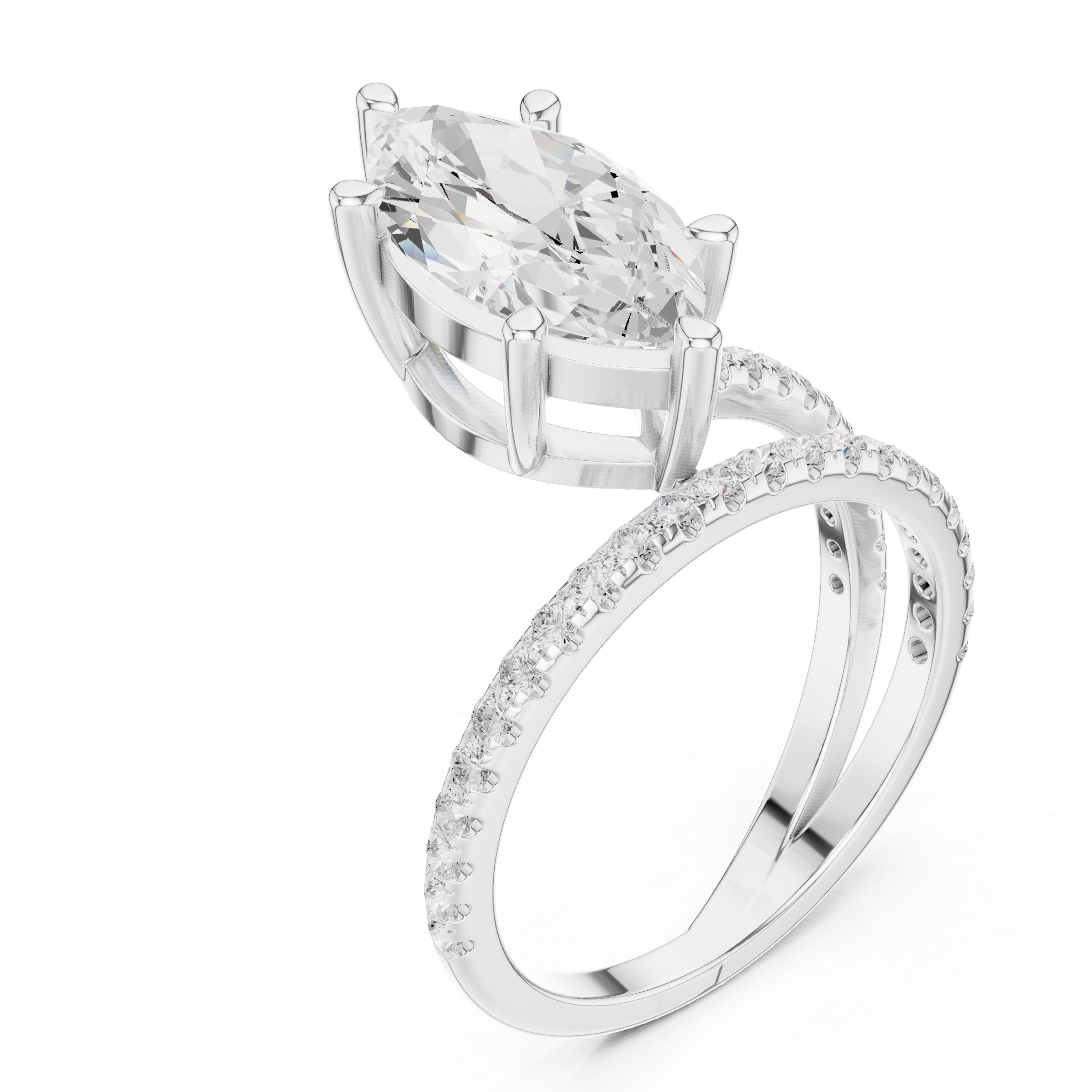 Split Shank Marquise Cut Solitaire Engagement Ring with Pavé Diamond Band