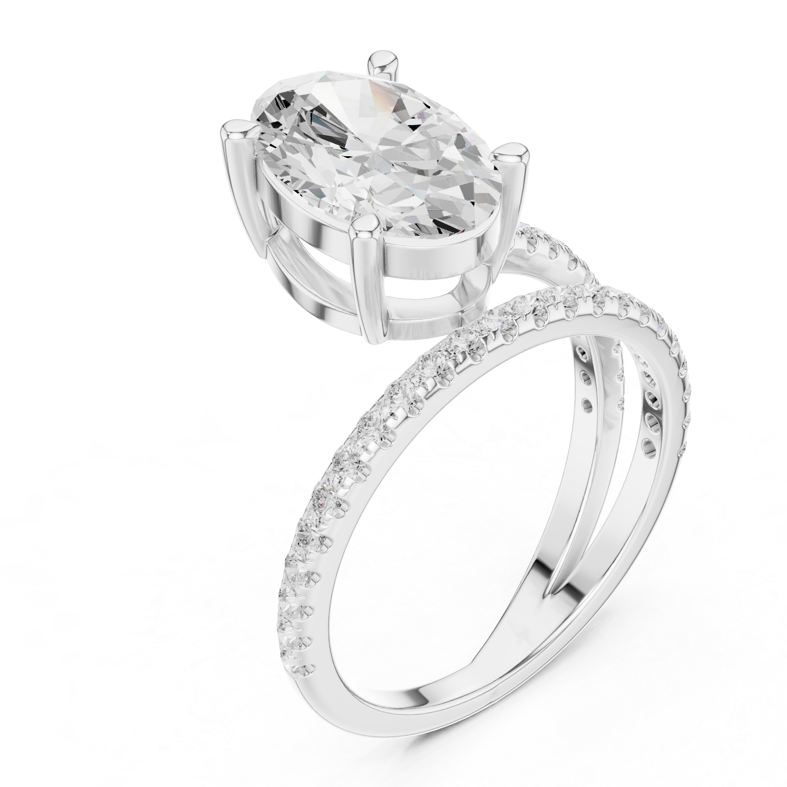 Split Shank Oval Cut Solitaire Engagement Ring with Pavé Diamond Band