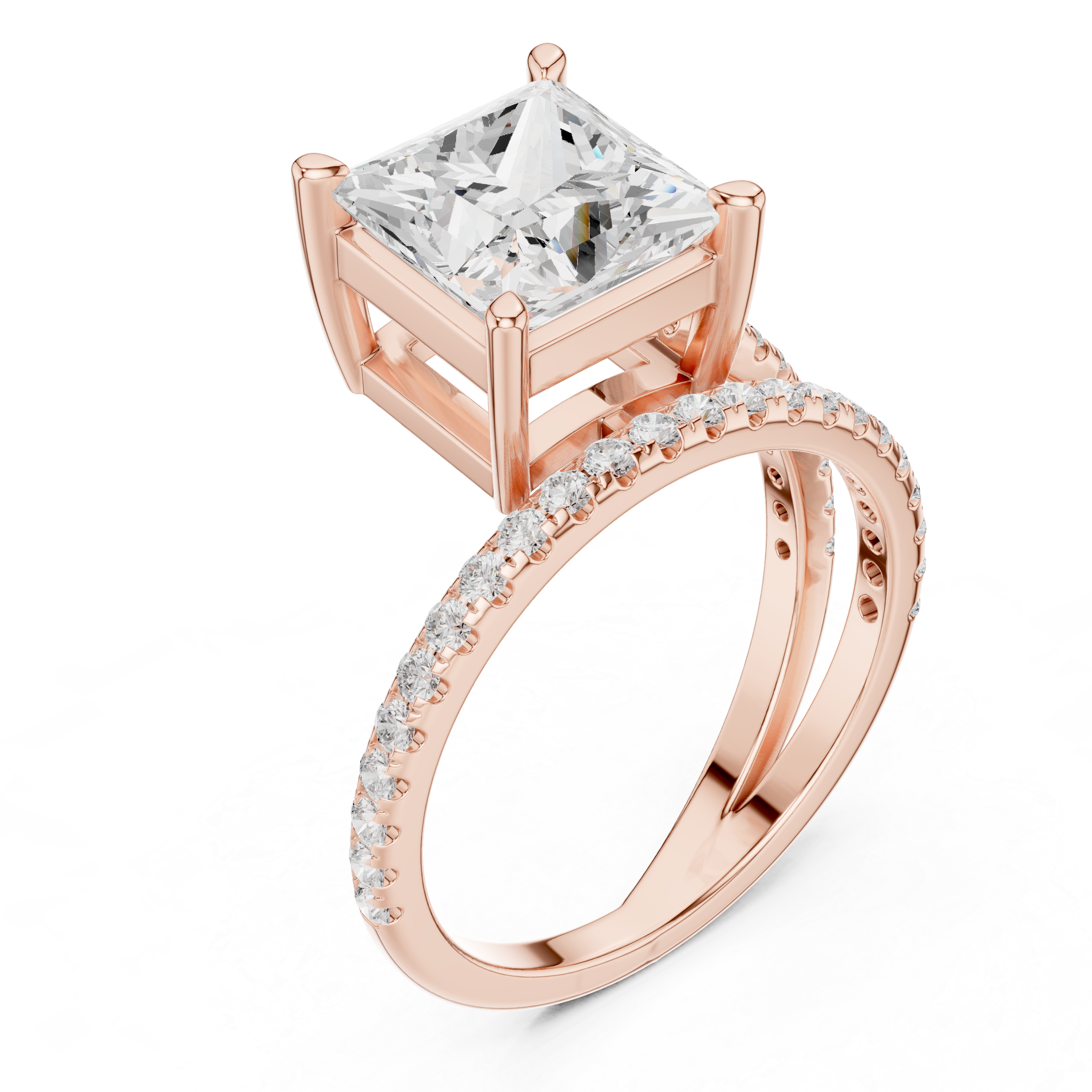 Split Shank Princess Cut Solitaire Engagement Ring with Pavé Diamond Band