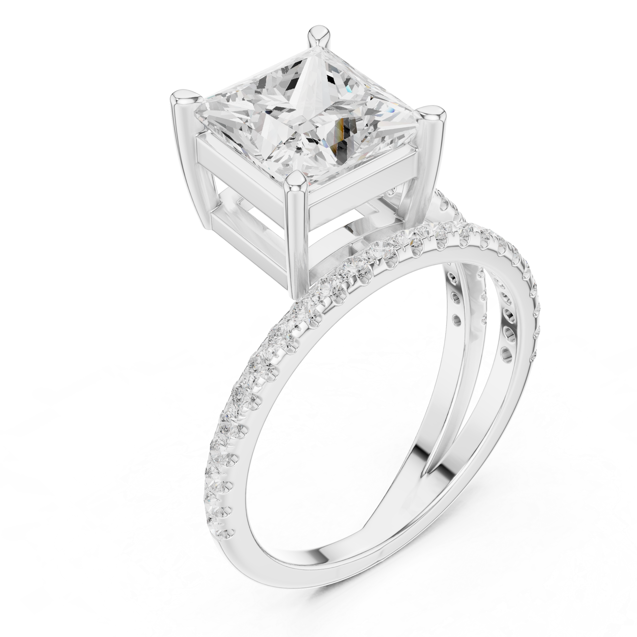 Split Shank Princess Cut Solitaire Engagement Ring with Pavé Diamond Band