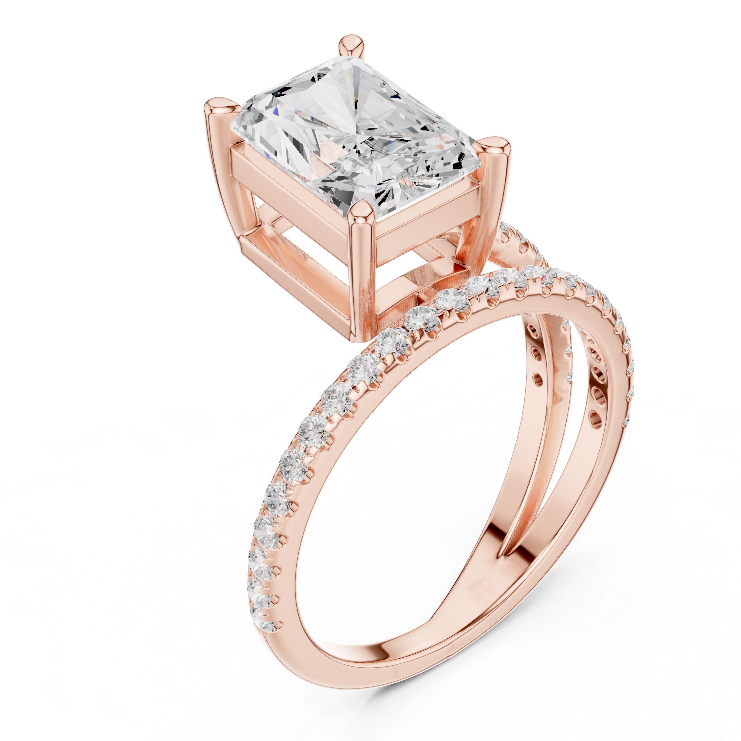 Split Shank Radiant Cut Solitaire Engagement Ring with Pavé Diamond Band