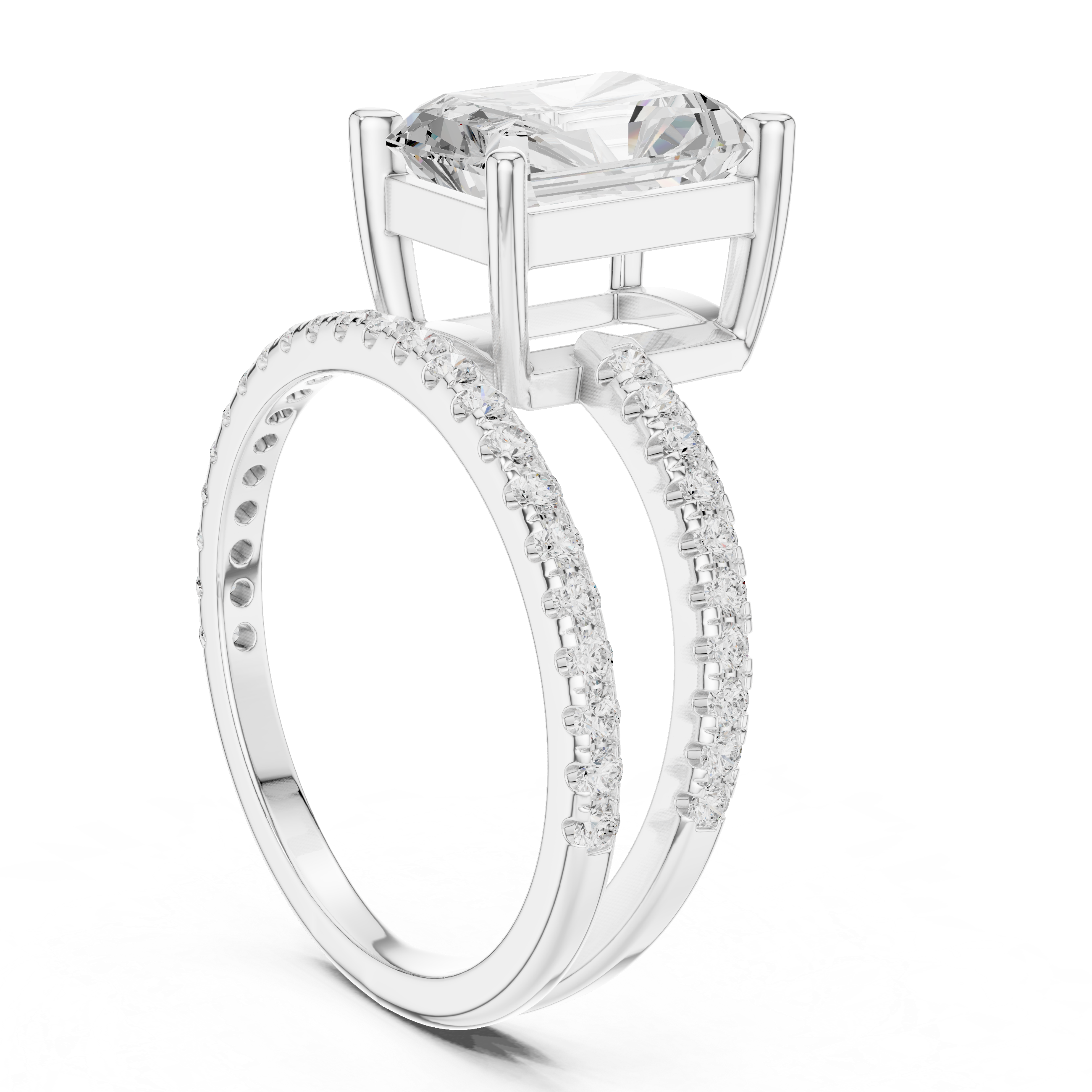 Split Shank Radiant Cut Solitaire Engagement Ring with Pavé Diamond Band