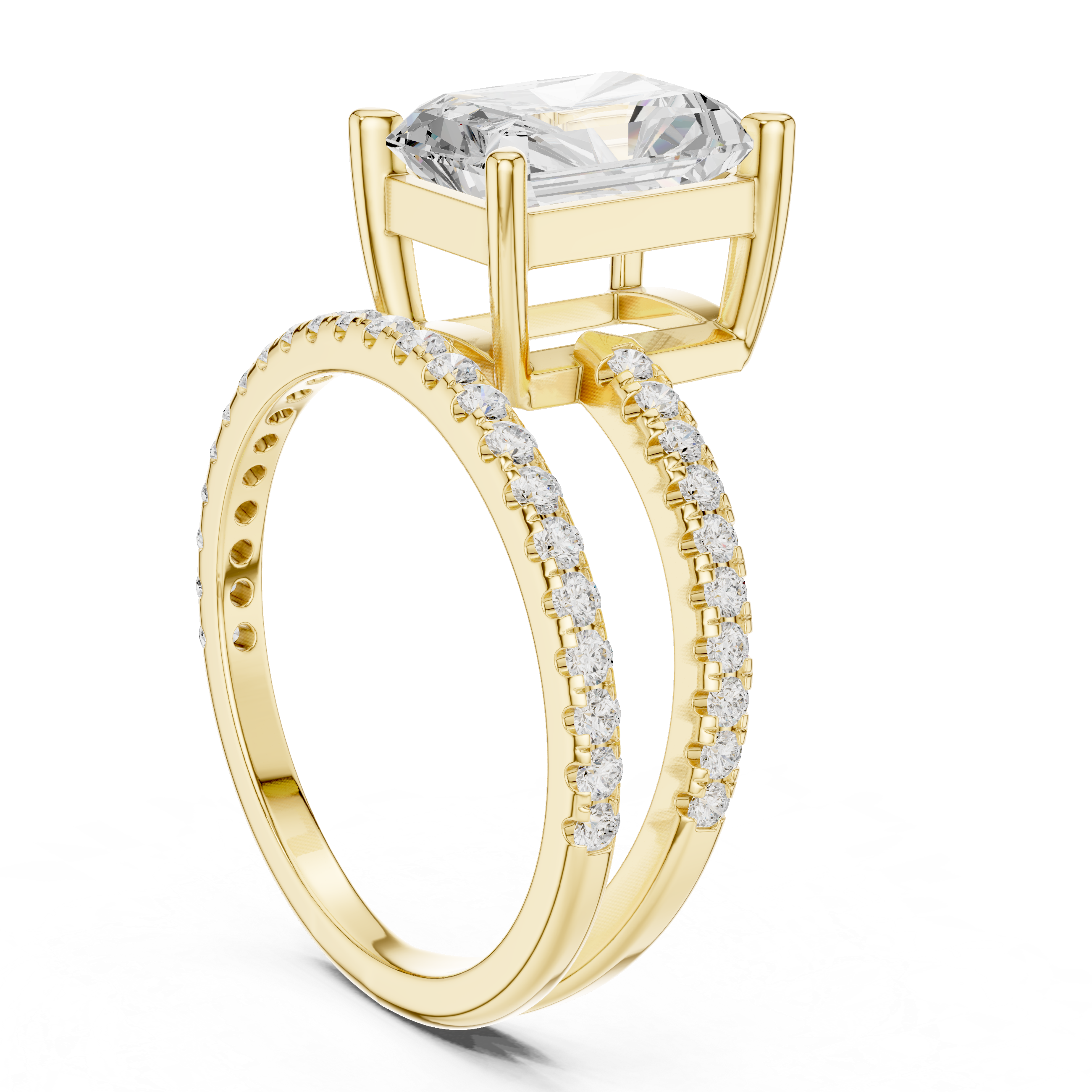 Split Shank Radiant Cut Solitaire Engagement Ring with Pavé Diamond Band