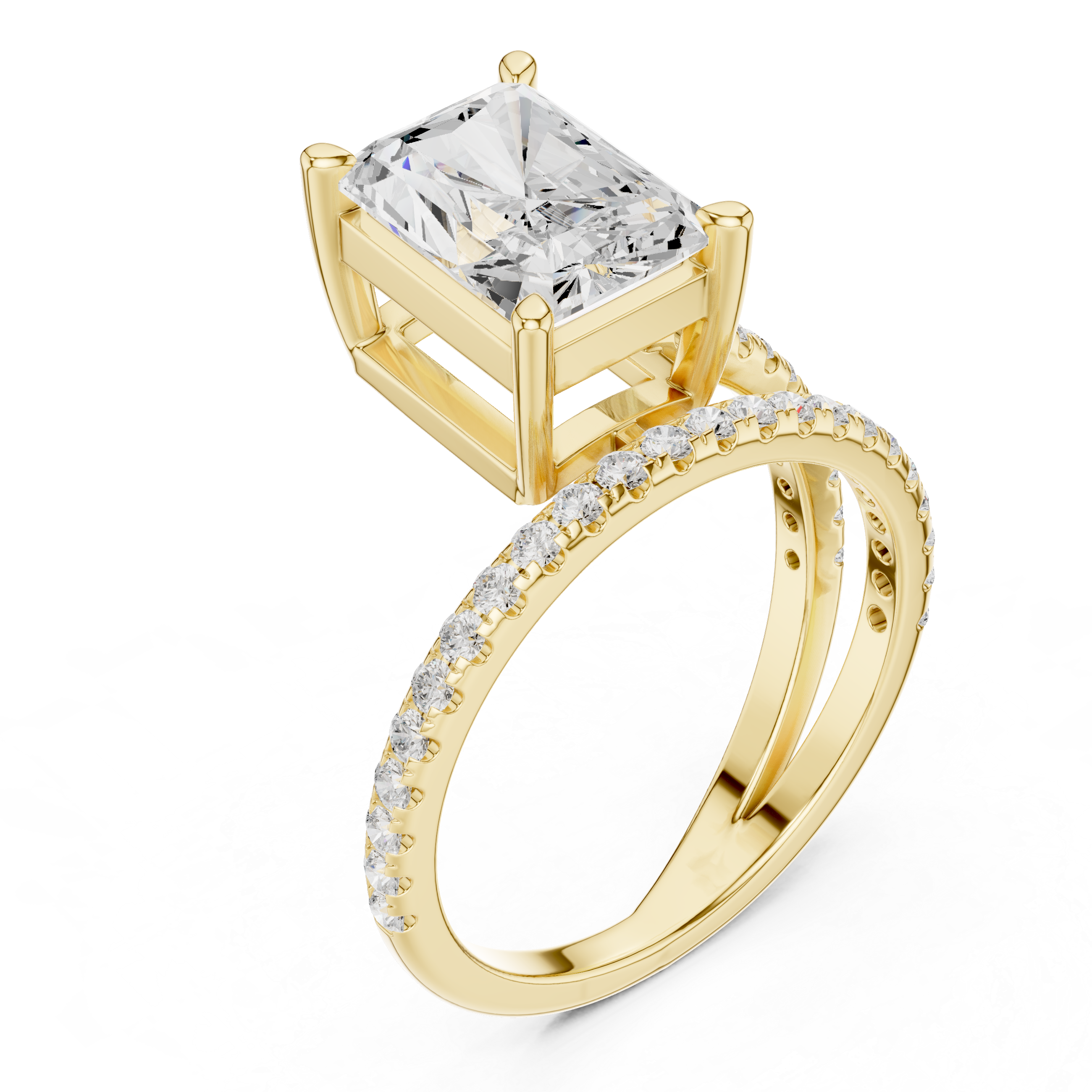 Split Shank Radiant Cut Solitaire Engagement Ring with Pavé Diamond Band